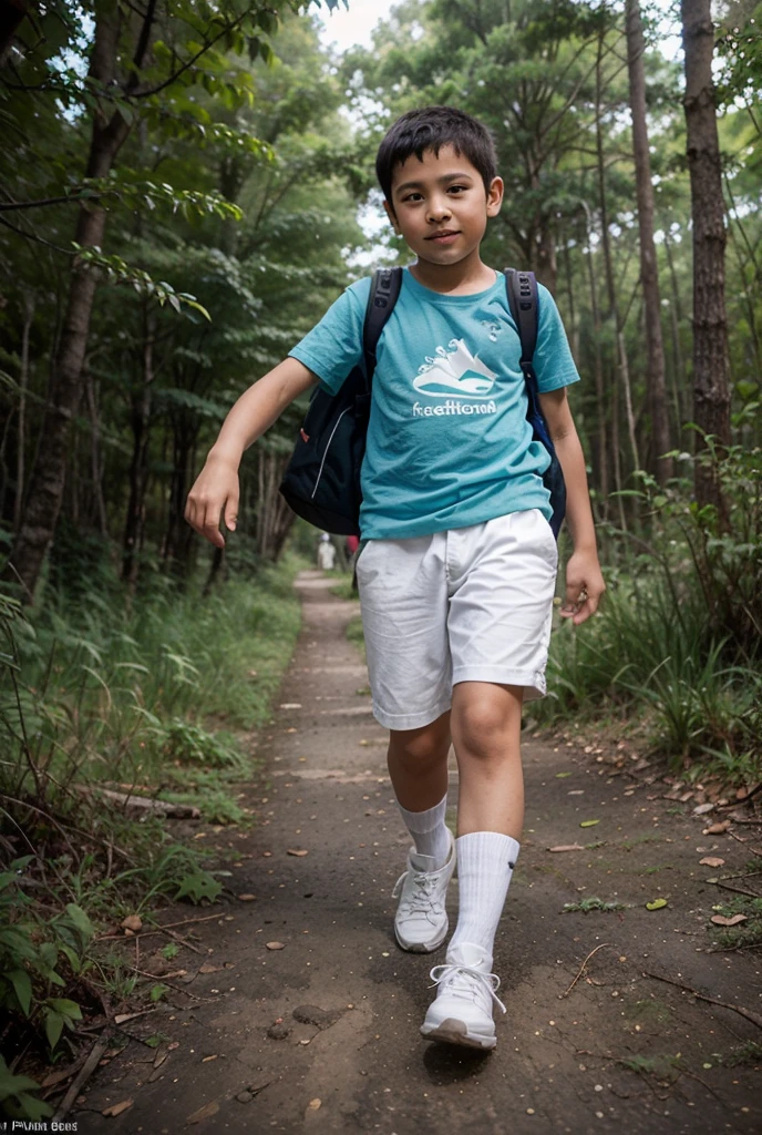 A tanned 11-year-old Japanese boy wearing shorts and carrying a bag during summer vacation