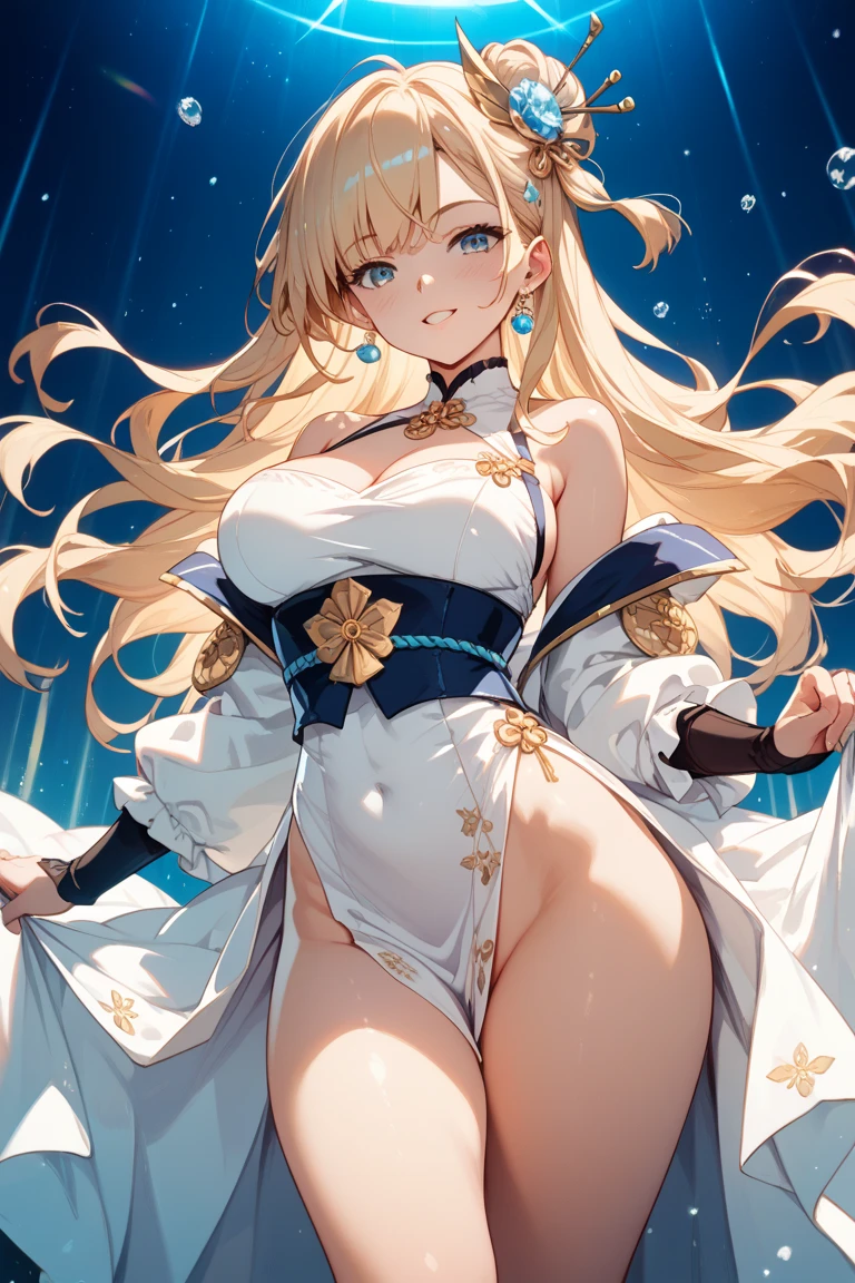 Make me a cat girl, the girl has long blonde hair, she has a sexy and athletic body but not so muscular, thighs and buttocks not too much either. big, not too small, her breasts not too big and not too small, make her a cute and shy cat girl, her face is flushed with a shy and embarrassed expression. She will be without any clothing, she will be completely naked, and with her body exposed to the air showing her private parts with her buttocks pointing towards the viewer, and they give me a full body image, her blue eyes.
