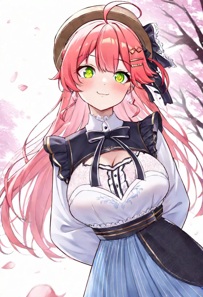 (masterpiece, best quality, highly detailed, cowboy shot), 1girl, MitsuruDS, demon_slayer_uniform, smile, long_sleeves, looking_at_viewer, japanese_clothes, breasts, haori, cleavage, closed_mouth, jacket, large_breasts, open_clothes, skirt, belt, black_skirt, pleated_skirt, thighhighs, green_thighhighs, zettai_ryouiki, forest, fall, maple trees, falling leaves, shrine, dappled sunlight
