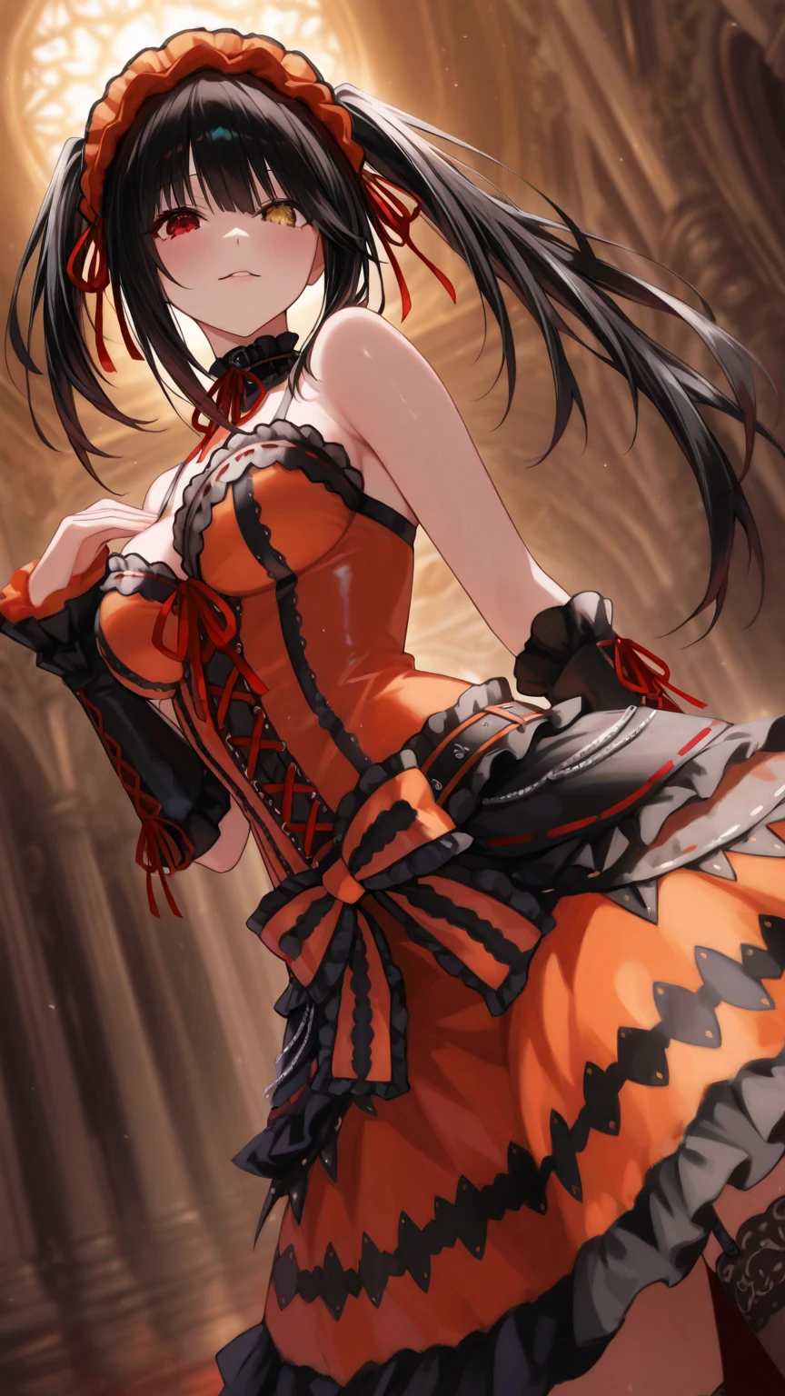 masterpiece, best quality, very aesthetic, absurdres, 1girl, mature_lady, ,,tokisaki_kurumi(date_a_live), black_hair, heterochromia, red_eye, yellow_eye,hairband, lolita_hairband, twintails, red_dress, frilled_dress, frills, lolita_fashion, boots, cross-laced_footwear, black_footwear,,surrounding by flowers,falling_petals, outdoors, petals,,floating_hair,areola_slip