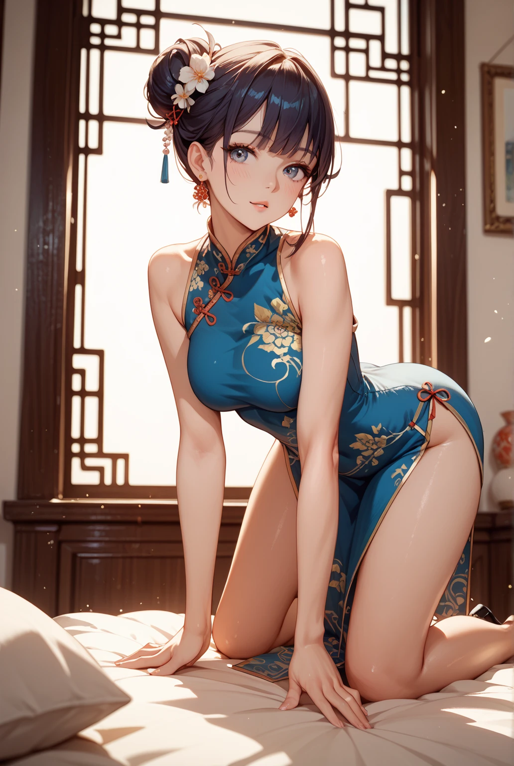 (Realistic:1.3), (masterpiece:1.2), High definition(photoRealistic:1.1), (highest quality), (Detailed skin:1.3), (Intricate details), Reduces light reflections, 1 woman, 19 years old, Detailed skin texture, (blush:0.6), Scattered beneath the surface, (smile), Black Hair, (Straight Hair), medium Long Hair, (Calm hair), bangs, Hair between the eyes, Hair volume is low, Sparkling blue eyes, Lens Eye, Light reflection in the eyes, Symmetrical eyes, looking at the camera, hair ornaments, Wearing China dress, Floral prints on clothes, medium Long Skirt, sleeveless, Side slits, ((white gold China dress)), She has only two legs, Two arms, Five fingers, Two joints in the fingers, barefoot, Depict the whole body, from back, Inside the room, ((Do not cover the crotch)), ((Whitish beige panty)), (vagina), Perfect body balance, beautiful legs, slim legs, open her knees very wide, ((move the panty to the side by fingers)), night room, Panties and clothes cannot be connected, vagina, left and right legs the same thickness
panties with a strap, big tits, (fingers in vagina), ((panty is on the knee))
