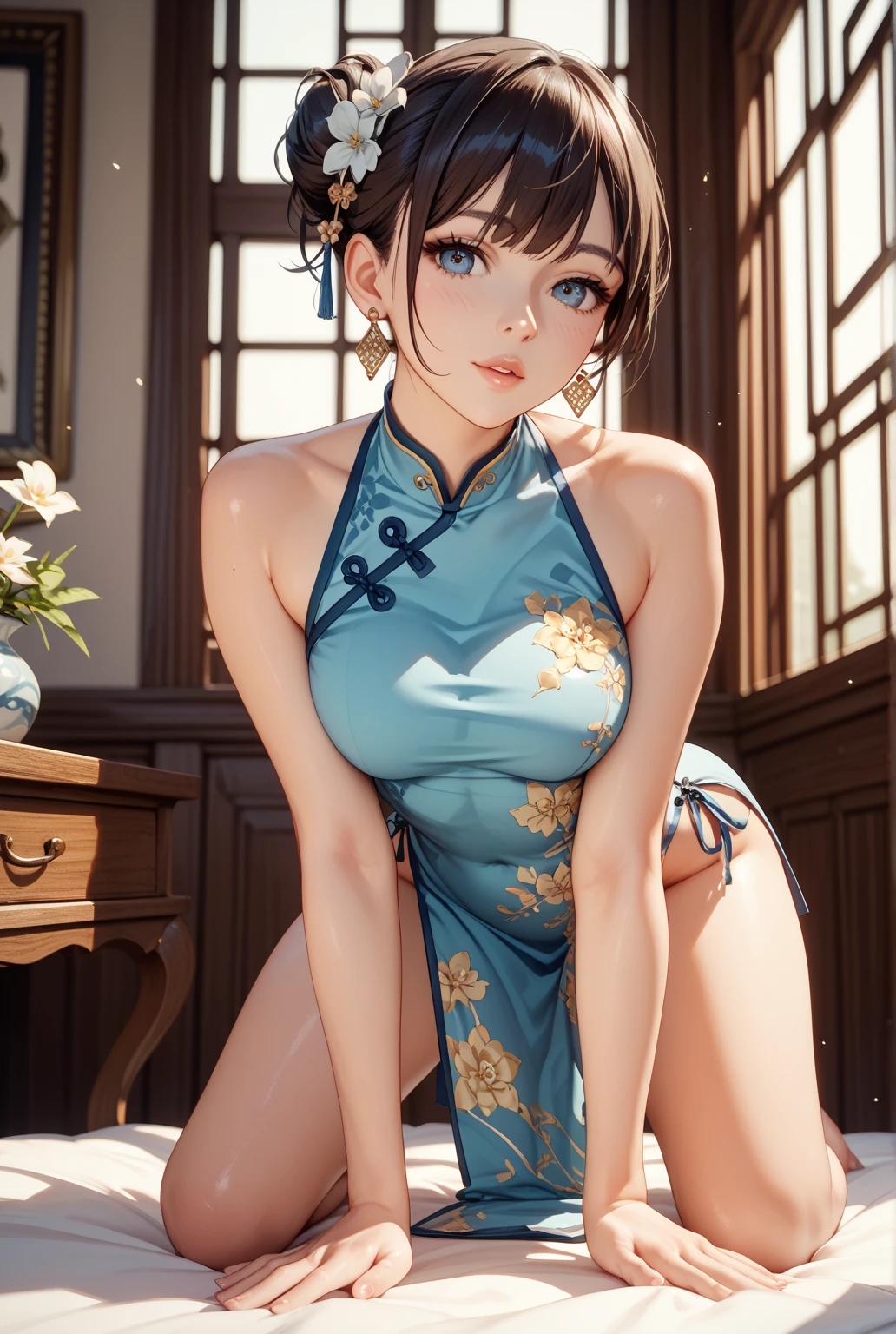 (masterpiece,Highest quality,Ultra-high resolution),Japanese women, (((Very beautiful 25 year old girl))), pretty girl、Look at the photographer､  ((Beautiful low ponytail)), Very cute face, Glossy Lips, Double eyelids on both eyes,Natural smile、 Natural Makeup, Long eyelashes, Shiny and smooth hair､Center image,  Perfect limbs, Perfect Anatomy,(((China dress))),Wet with sweat,Background Blur,Spread your legs,