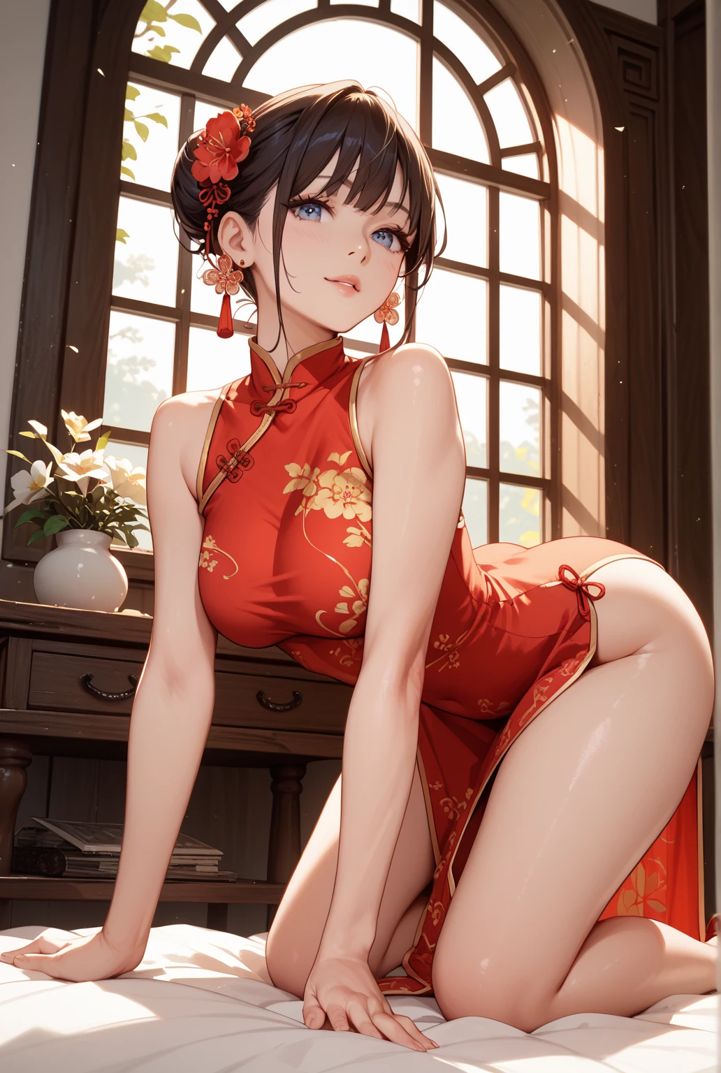 ((crimson Ao Dai It has gorgeous embroidery)), skindentation, skinny, solo, 1 woman, Masterpiece, highest quality, highest quality, 16K, incredibly absurd, highly detailed, 2.5D, ai-generated, delicate and dynamic, very delicate facial expressions, delicate eye depiction, erotic, only sexy woman, healthy figure, 25-year-old woman, bride, 160cm tall, medium firm swaying bust, (dark hair), black eye, blush, Sweat,Embarrassed,sexy, ((thin thighs)), (Erect nipples:0.9), ((shiny and lustrous)), facing straight at viewer, ((brown_skin:1.5)), ((Oily_skin)), sweaty skin, wet skin, dutch angle, sexy pose,