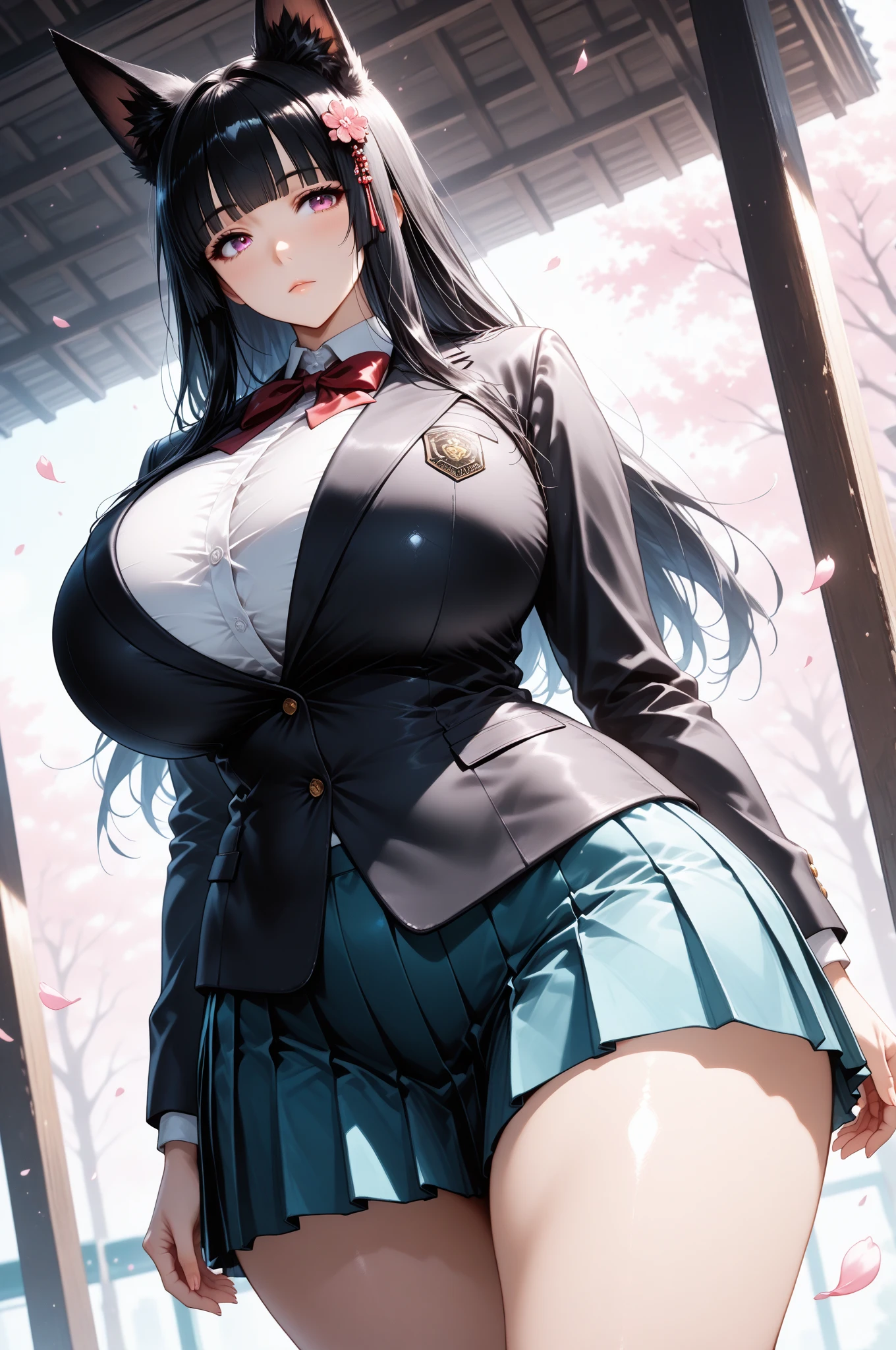 PERFECT MASTERPIECE, EXTREMELY DETAILED CG UNITY 8K UHD QUALITY RESOLUTION,  RAW PHOTO, AWARD-WINNING PORTRAIT, PHOTOREALISTIC, OFFICIAL ART, SHINY REALISTIC SKIN, (v3.0 Punk Rock Baked:1.3), The most beautiful and sexy school girl, very long black colored hair in pigtails, vibrant moonlight eyes, long detailed eyelashes, blushing, full pouting pink lips, curvy body, full hips, super huge enormously gigantic tits, cleavage showing, gigantic tits bursting out of her shirt, wearing a school girl uniform school girl skirt and Nike sneakers and backpack, tons of tattoos and piercings, arching her back in a sexy seductive slutty pose, looking at the viewer, full body portrait, cowboy shot, sexy seductive slutty facial expression, cherry blossoms blowing in the wind, school campus background 