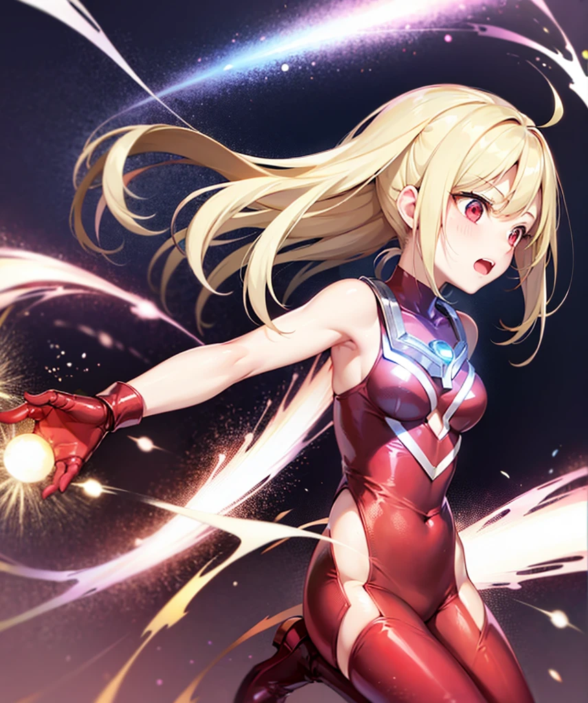 masterpiece, best quality, 1girl, superhero, two-tone leotard, bare legs, knee boots, matching boots, heroic, standing, body infused with energy, light particles, solo, single, cowboy shot, perfect anatomy, brown hair, beautiful detailed eyes, spread arms, spinning, spins fast in place like a tornado, twirling in place, tornado spinning, rapid gyration, space backdrop, motion blur, speed lines, tornado, magic circle, energy, energy swirls, energy swirls around her body