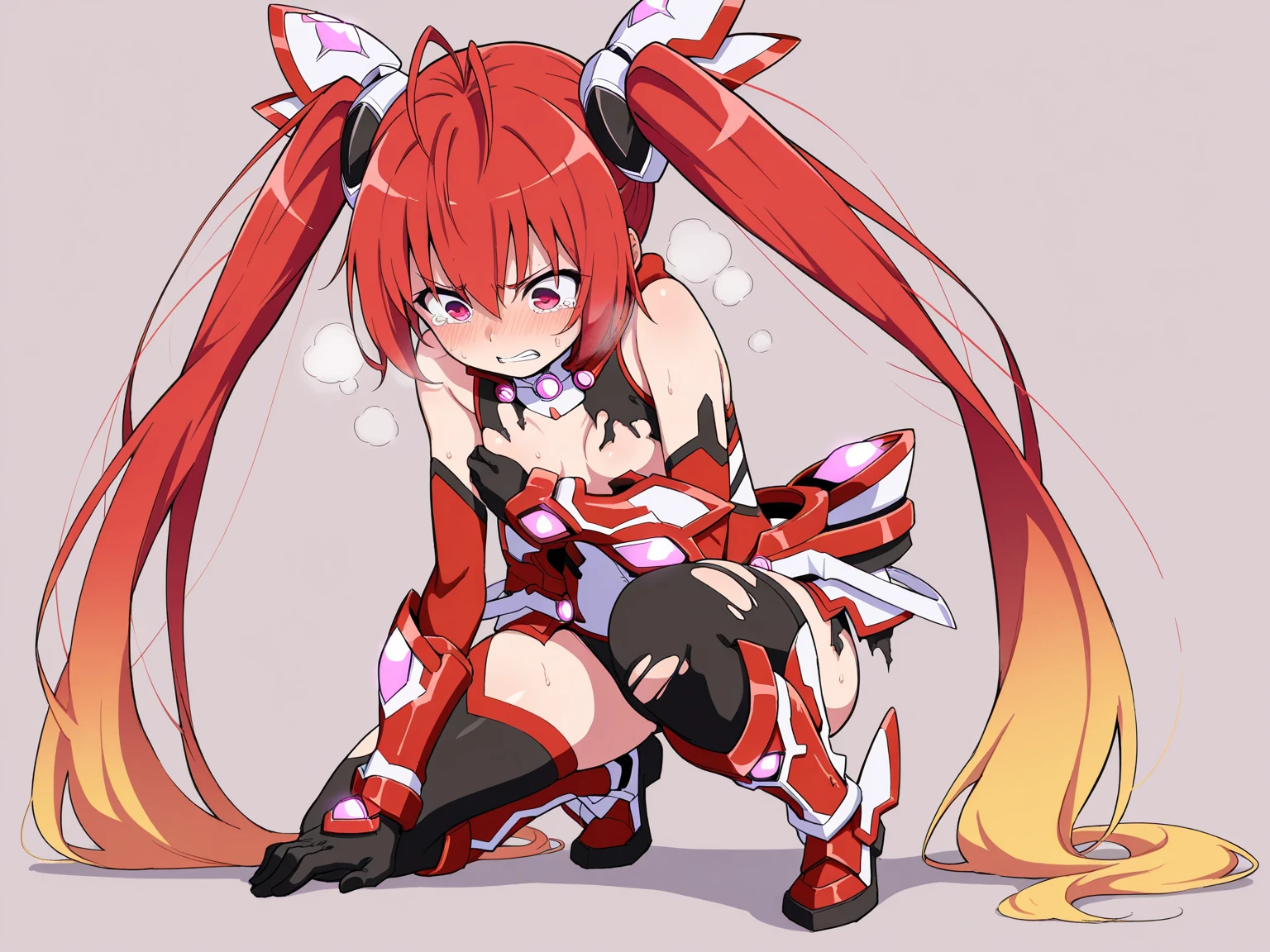 tailreddef, (tailred), very long hair, red hair, gradient hair, twintails, (detailed violet eyes), cute, blush, sitting with crossed legs, looking at viewer, (((((covered huge curvy breasts))))), (((tailred black and white outfit))), tail gear, armor, ((black pants)), ((red thigh high boots)), (black thigh highasterpiece, high resolution, best quality