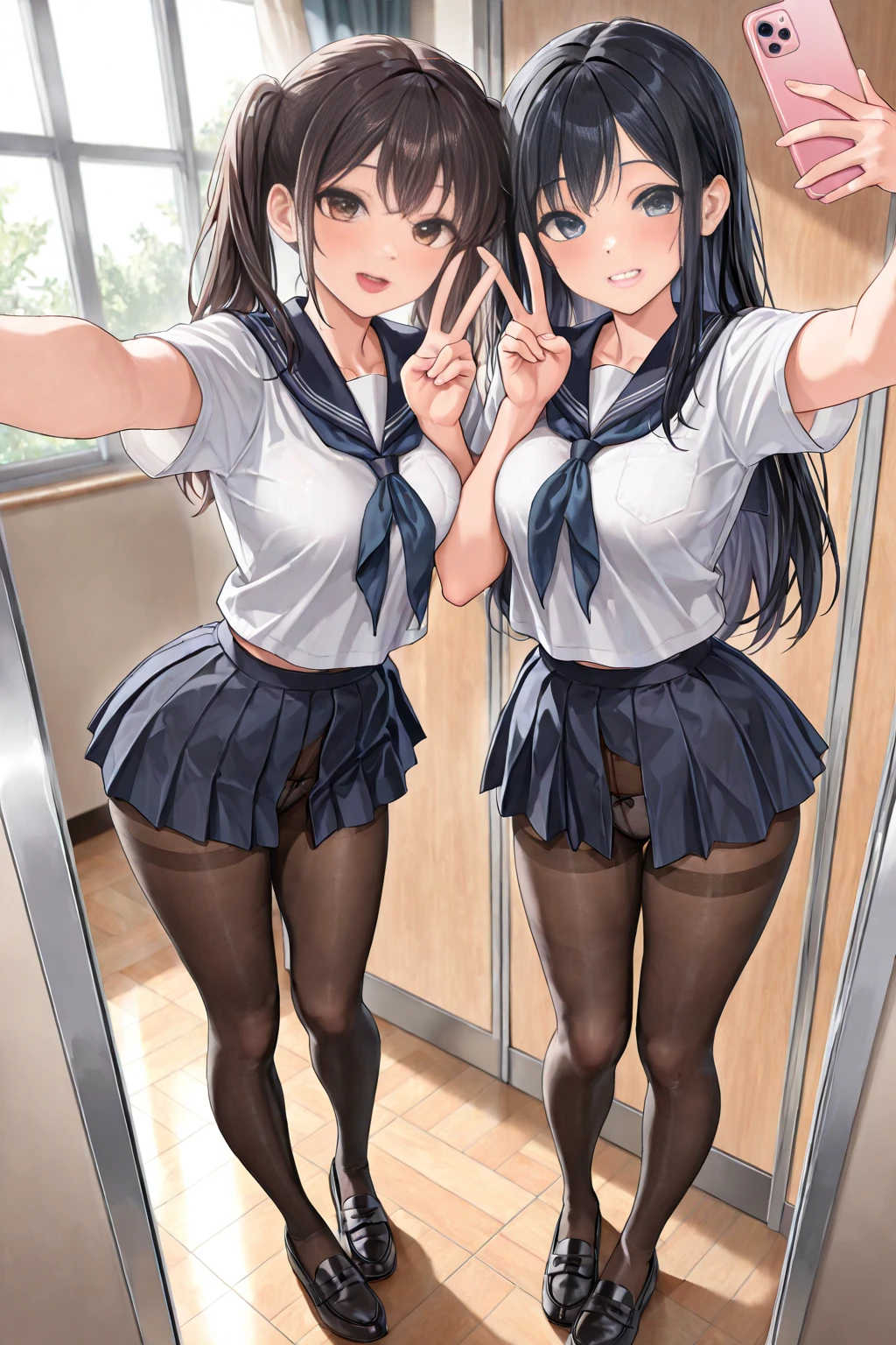 ((Highest quality)), ((masterpiece)), (detailed), (((Perfect Face))), ((A slim 16-year-old girl)), (((A girl wearing a short, tight navy blue jacket, White button-up shirt))), (((Dark blue pleated skirt))), ((Black Hair)), ((Black slanted eyes)), ((ponytail)), (((Are thin))),(((A shy smile))), ((Thin thighs)), ((Thin Hips)), (((girl looking away))), (((Teenage students in suits))), (((Empty Collar))), (((Bare thighs))), (((Wear sneakers)))、{{{Back view}}}, (((Flip up the skirt)))、(((Showing panties)))、(((Turn your butt))),(((Body pillow))), (((Tuck up your shirt))),(((Showing off your bra))),