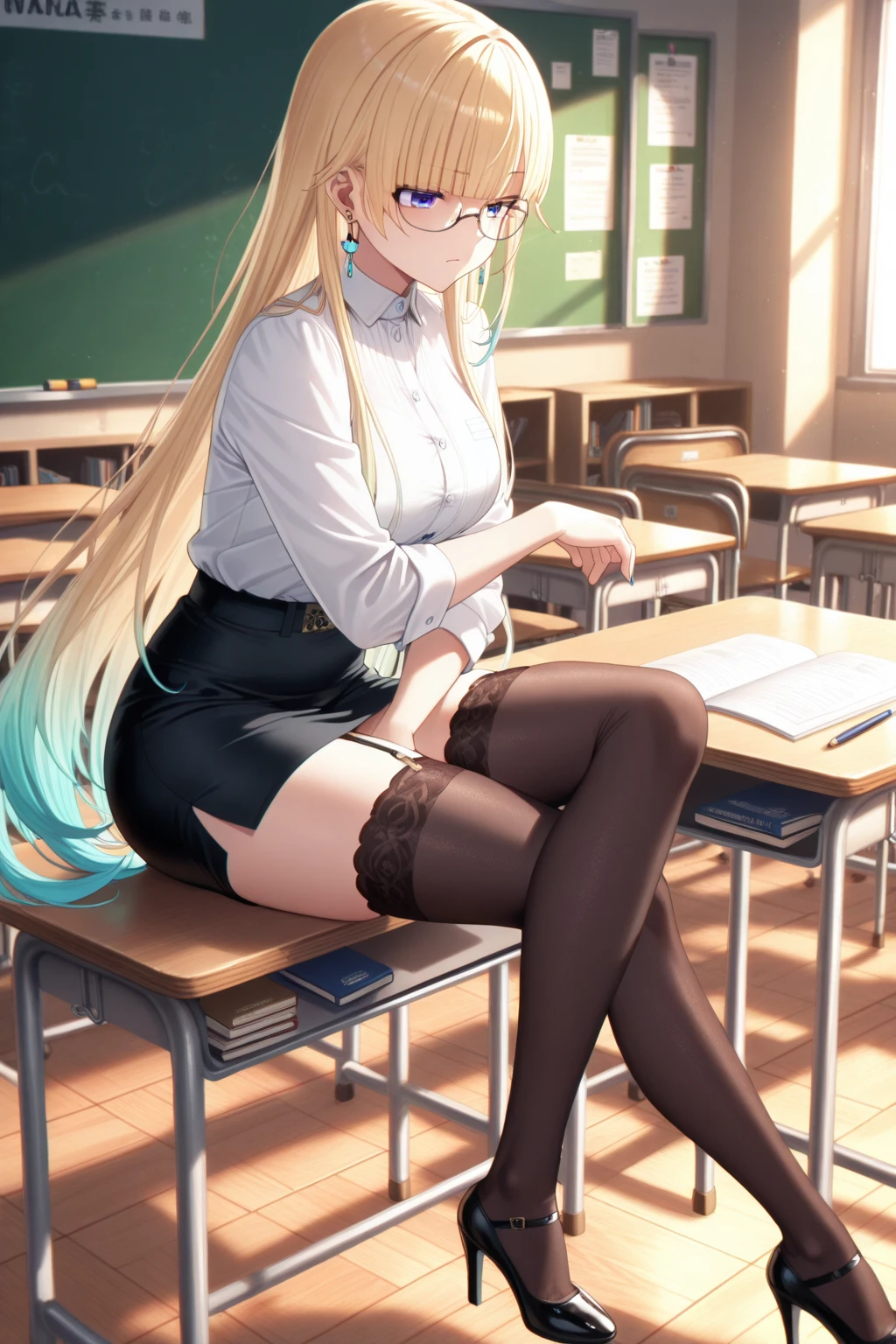 masterpiece,Ultra HD,score_4_onBREAK source_anime,可愛いanimeイラスト, masterpiece,high resolution,alone,mahirushiina,One girl,Blonde,Long Hair,,Show your underwear,Black Bra,black tights,School,classroom,nsfw,Sitting,Spread your legs,Public masturbation,