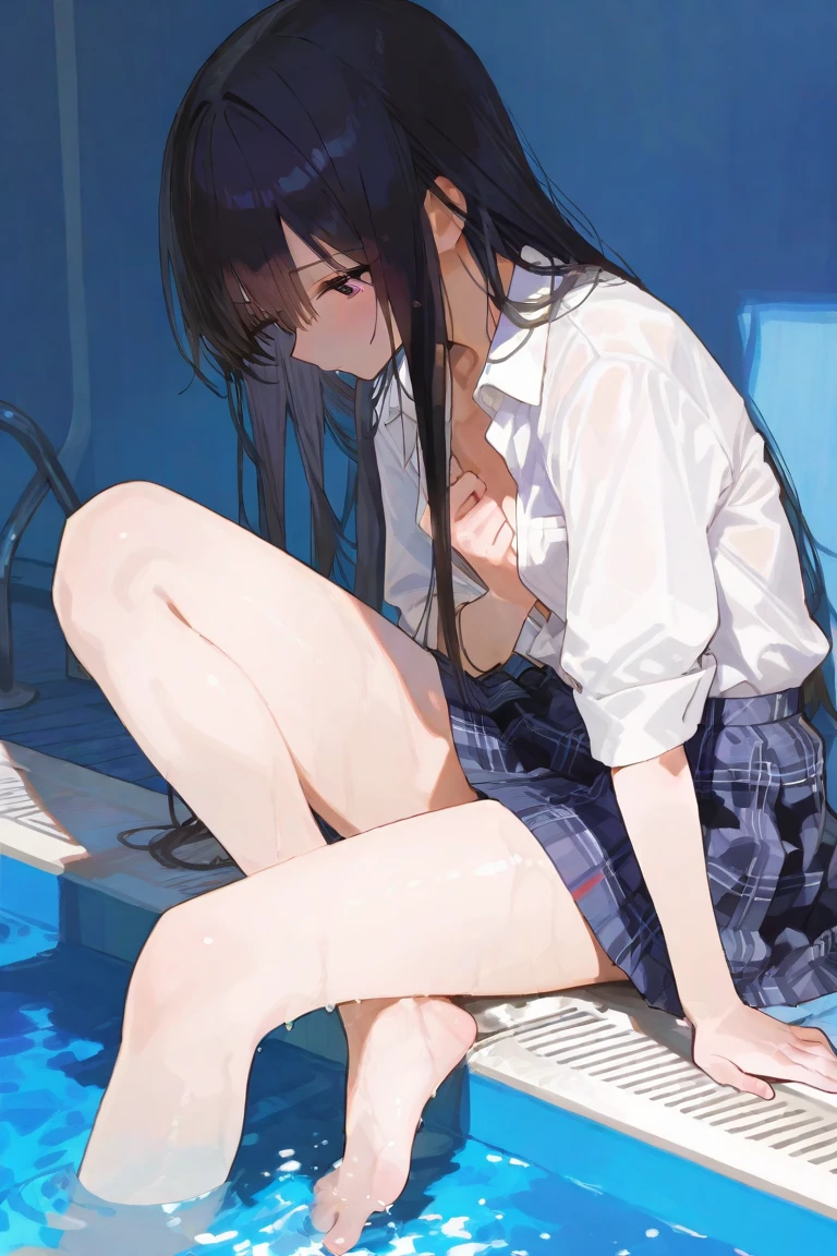 (A masterpie、bestquality:1 beauty girl.2), Surreal Schoolgirl, solo、, 1 girls, Yukino Yukino, (Lustrous Skin、wet skin:1.2), Wearing sweat, smile、, watching the viewer, all on fours, school uniforms, white shirts, Plaid skirt, thights,