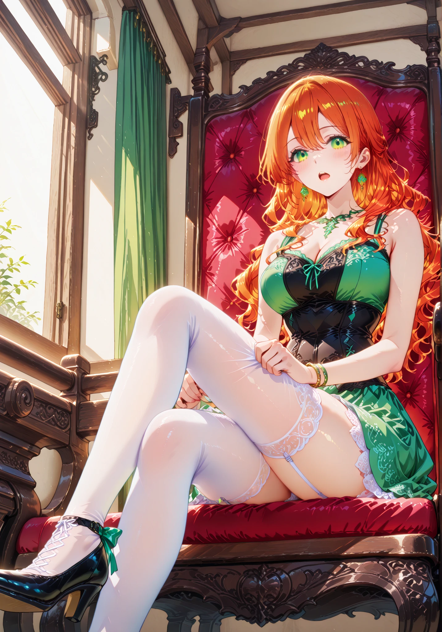 (depcit young girl), (((green lace panties and elegant green lingerie))), ((green panty transparent)), redhead, long hair, straight hair, blue eyes, thin , small breasts, (topless), nice hips, open shoulders, ((sassy)), back arched, spreading legs, couch living room,