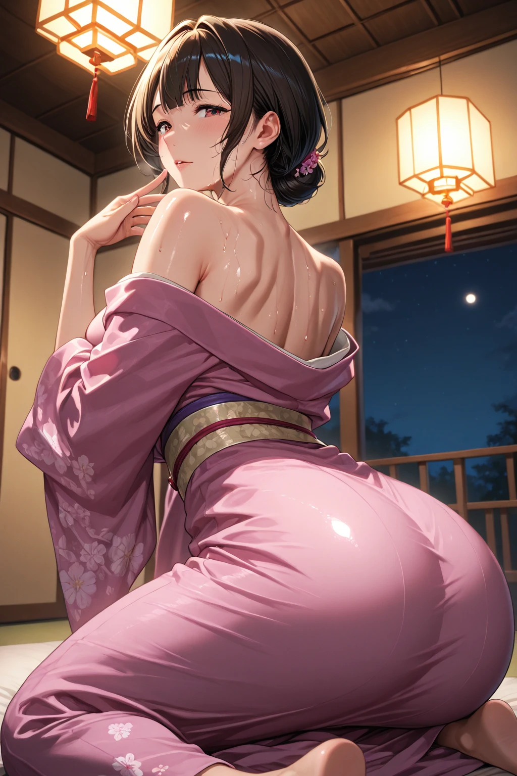 Tsubaki Miyajima (Saimin Seishidou) XL pony LORA, 1milf, mature female, motherly, purple hair, long flowing hair, holding towel, from behind, towel on legs,, masterpiece, best quality, highly detailed