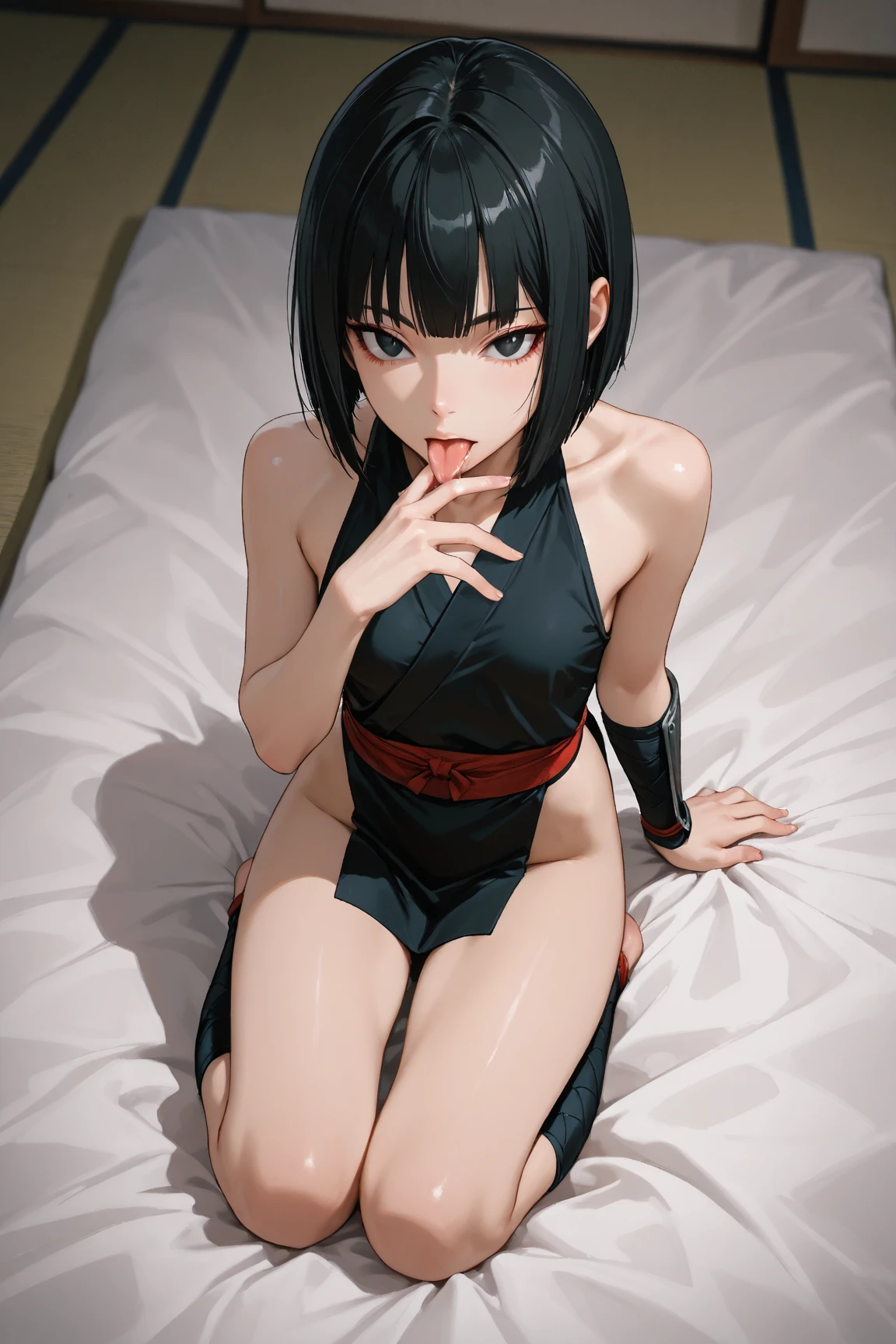 absurdres, (best quality), (masterpiece),(ultra-detailed:1.2),(photorealistic:1.1),(highres), 1girl, konan \(naruto\), (akatsuki outfit:1.1), labret piercing, (paper:1.2), looking at the viewer, robe unbuttoned, cleavage, (((sitting on the table inside dark room))), night time, busty, large breasts, akatsuki robe with red clouds