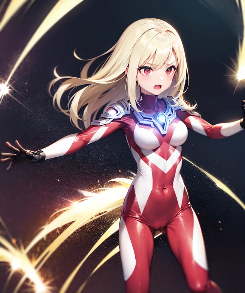 1girl, tall body, light blonde hair, aquamarine eyes, boots, breasts, bracelets, full body, hair ornament, ((shoulder-length hair, ponytail, bangs)), full body with costume, ((leotard, perfect leotard, gymnast_outfit leotard, white leotard with blue accents, bare legs)), hi-tech shoulder pads, (white stockings, white boots), medium breasts, perfect hands, complete fingers, perfect anatomy, perfect proportions, solo, solo focus, superhero, ((lightning logo on chest)), beautiful detailed eyes, beautiful detailed face, age 18, asuka suit, full body portrait, body infused with electricity, diffraction spikes, heroic, standing straight, hands on hip, cowboy shot, city backdrop