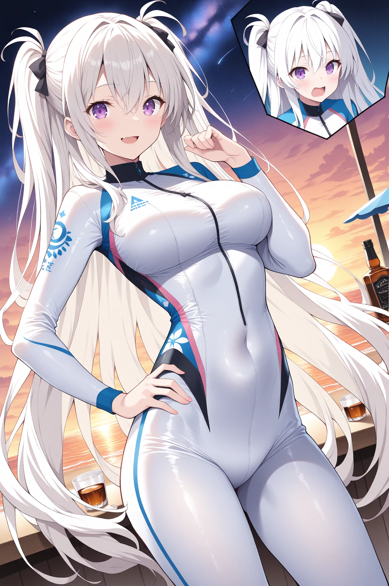 Woman of 27 years elegant hourglass body  , white, wavy hair styled in a long, high ponytail, small and fleshy lips, simple makeup, confident look modeling in sportswear 
