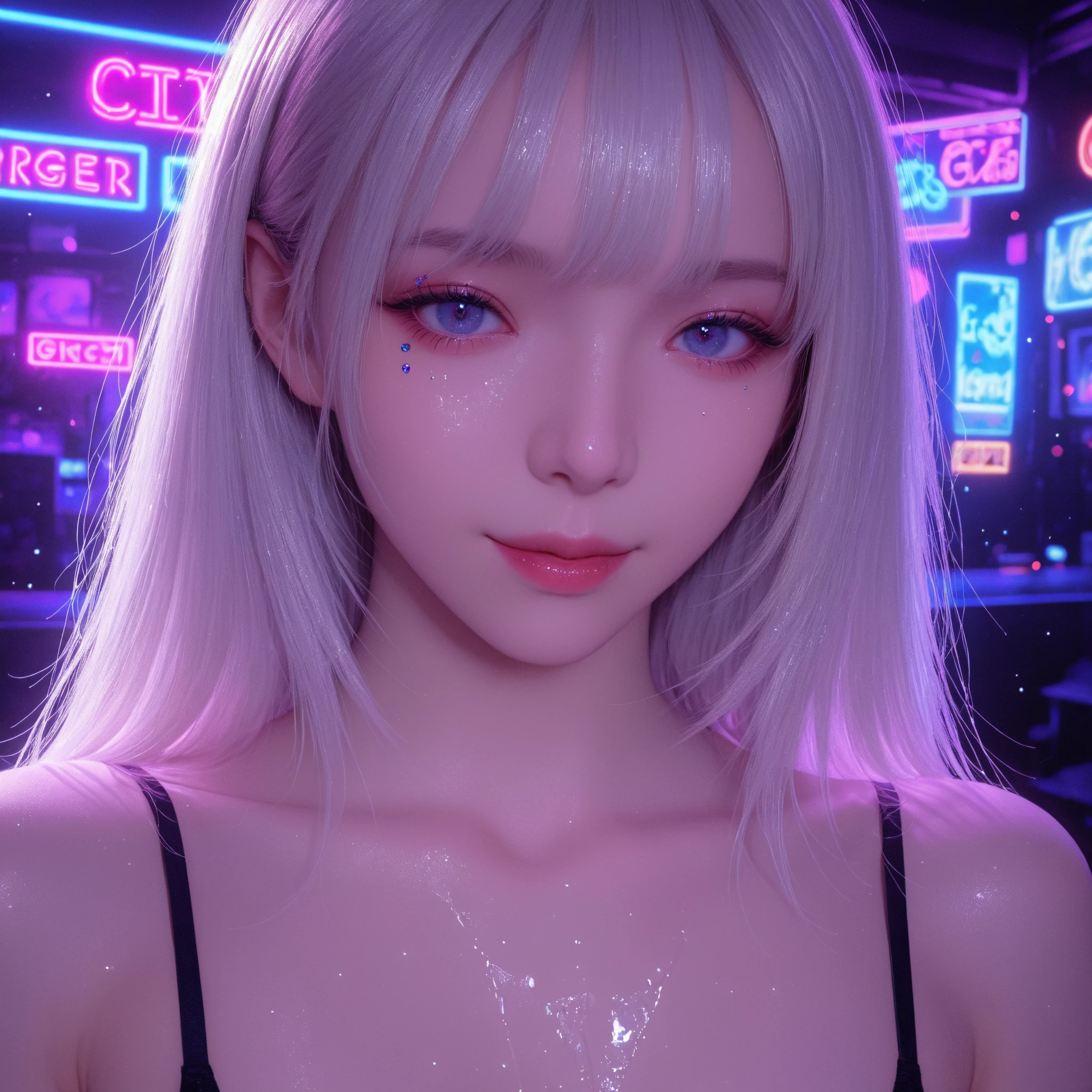 Mine makeup girl、Hotel、Black straight long hair、Glowing neon lights、Girls Bar clerk、Bar clerk、girl serving alcohol、Neon and uv black light store interior、cyber 、White T-shirt that glows under UV black light、numerous piercings in the ears、large full breasts、Large cleavage、Hot pants in satin fabric、A store that looks like a spaceship、Liquor bottle reflecting light、Western liquor bottles on a shelf with a faint reflection、drinking cocktail、female gaki smile、cyber vision monitor、Angle from above