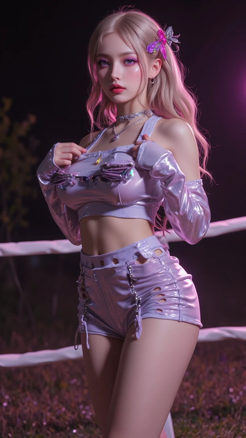 ((nsfw)),((wide hips:1.2)),((curvy crotch:1.2 ))((plump, thighs(:1.2~1.7) ))),(high detailed skin)
(32k, RAW photo, best quality, masterpiece:1.8), (realistic, photo-realistic:1.9), (extremely detailed 32k wallpaper),  full body, 23yo woman, (detailed face: 1.5),best quality, masterpiece,china idol,((ultra high detail pink enamel outfit)),(hyperdetailed pantyhose(:1.2~1.7) ),((thong leotard(:1.2~1.7) )),((latex  midriff jacket))), ((hyperdetailed costume)),,((latex  midriff pink jacket)))(((hyperdetailed blue grossy satin prairie blouse)) ((hyperdetailed shiny pink latex midriff down jacket )), ((hyperdetailed mini skirt)),((backless(:1.2~1.7) )) (32k, ultrarealistic photo :2.0), (best quality, masterpiece:1.5),(intricate thigh high),,(( midriff pink line midriff puffer jacket))) ((High Detail shiny pink-white latex midriff tight down jacket )), ((hyperdetailed grossy clothing:1.8 ))