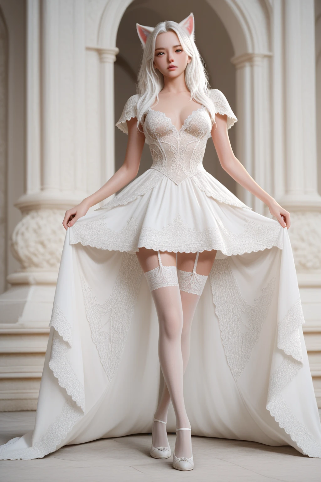 1girl,solo,church, holding flowers,(full body:1.3),thigh gap,standing,jewelry,necklace,white dress,wedding dress,, (masterpiece, best quality, hires, high resolution:1.2), (extremely detailed, realistic, intricate details, highres), 3d, cg, shiny skin,blush,, eyeliner, eyeshadow, eyelashes,, (gigantic breasts, saggy breasts:1.1), (cinematic lighting, sunlight, volumetric), looking at viewer,vintage fantasy,from below