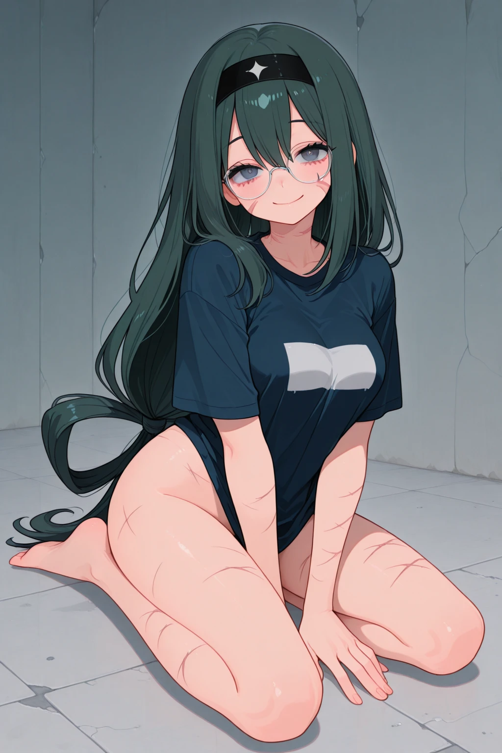 masterpiece, best_quality, 1girl, solo,zombie,green skin,red eye,not ware,not cloth,perspective from below,Lie,open,tear porn,twintails,pokemon,dark,green skin,pussy