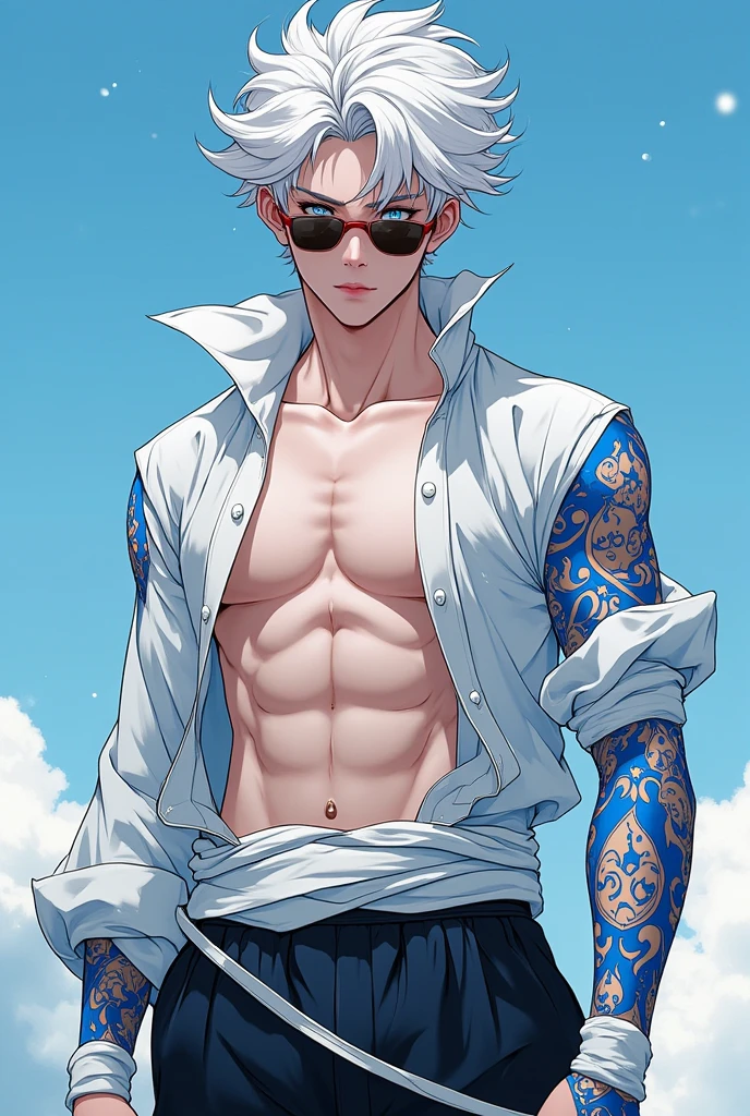 1 male, high resolution 4k, adult, handsome, perfect face detail, detailed eyes and face, clean shaved, sixpack realistic, white eyebrow hair, white eyelashes, Naked torso, Detailed face, perfect face, dynamic lighting, unreal engine, hd picture, satoru gojo, Jujutsu kaisen, white hair, short hair ,hair between eyes ,blue eyes, white skin, hold a cigarette, wolf ears, wolf tail, use a backpack, Slime on the shoulder