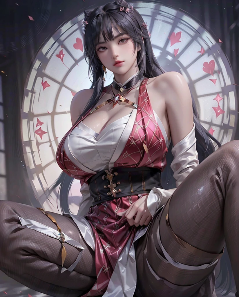 (8k, best quality, masterpiece: 1.2), highly detailed, Masterpiece, realistic lighting, masterpiece, best quality, masterpiece, official artwork, highly detailed 8k unity CG wallpaper, beautiful eye details, sharp and beautiful eye highlights, long hair, reddish polish, woman wearing a purple jacket and brown leather trousers, large breasts, wearing leather boots, gloves, tied hair ornament, bracelets.