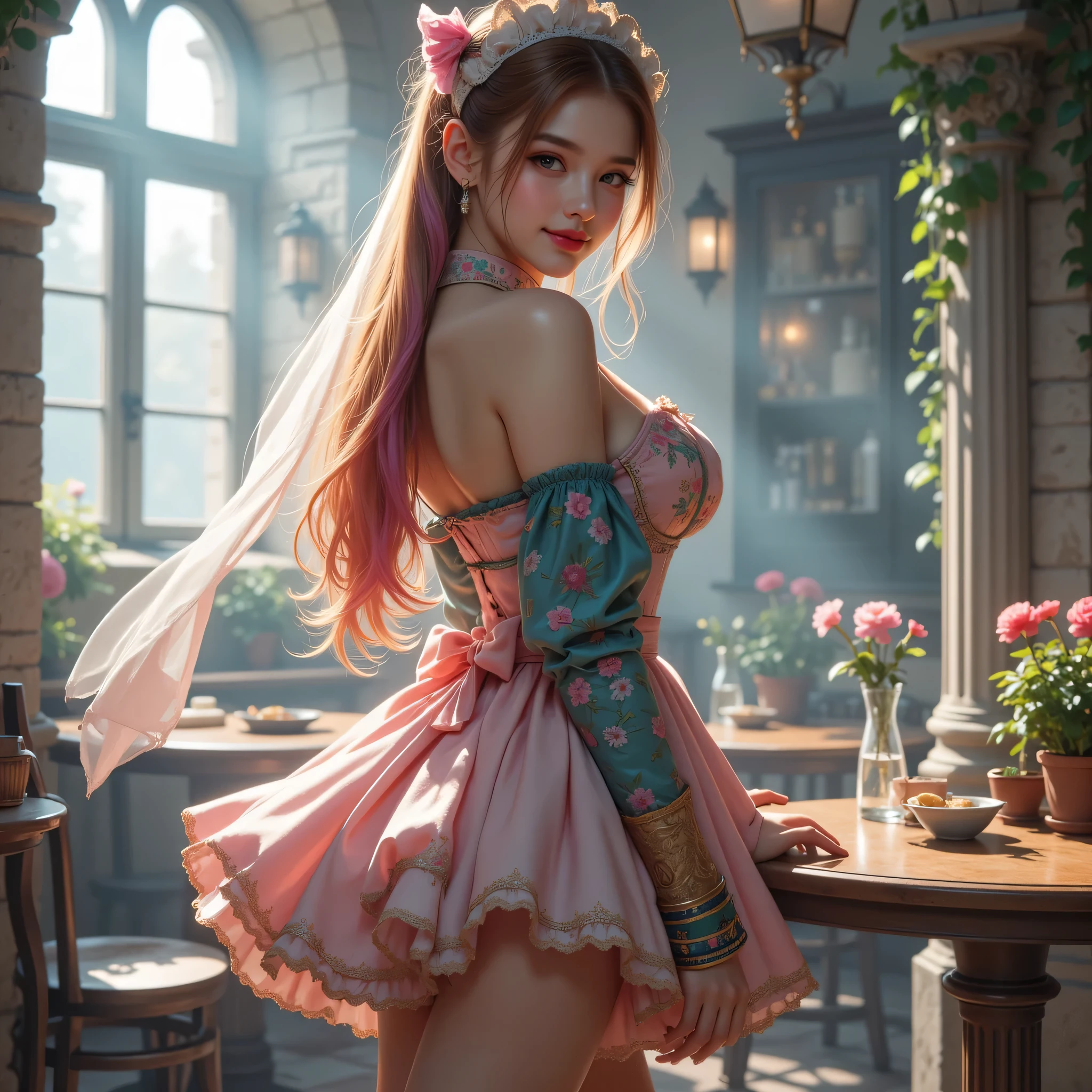 High image quality NUTRA FINECG Unity 8k壁紙、Highest Quality、High image quality NUTRA FINE、masterpiece、real、photo、HIGH QUALITY NUTRA FINEキュートガール、18 years old、（(Maid Cafe in an old European castle)、（（girl standing in front of a table）、(girl in colorful maid clothes),（（Back view））、((ツインテールのカラフルな色の髪の毛)) ((Looking Back))、beautiful背中をベールで隠している、Dynamic Pose、(笑Yan)、 ((ponytail)、(full body angle)、low angle、cheek、red lips、(low angle)bright body shot、sexyポーズ、(One-shoulder tube top：1. 2）、（miniskirt：1. 5）、（Butt and abs：1.skirt that hangs over her hips）、（high heels：1. 5）、（beautifulYan：1.3）、（perfect proportions：1.2）、（long legs：1.2）、（beautiful：1. 3）、（floral panties visible from under her skirt）、（wet hair、wet skin）、sexy、Emoji、（holding a skirt that floats with both hands）、Yan、（Skirt Left）、（long golden gray hair）、 (European castles hazy behind)、(ponytail)、