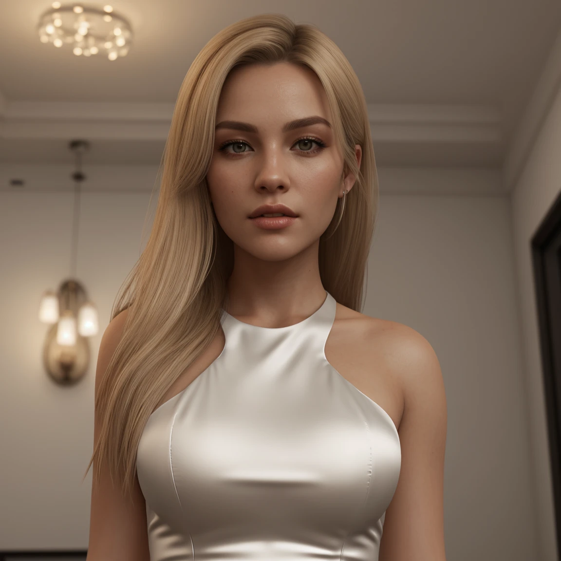 there is a woman in a white dress standing in a room,  close up half body shot, second life avatar, elegant pose, glamor profile pose, with long blond hair, alluring mesmer woman, inspired 