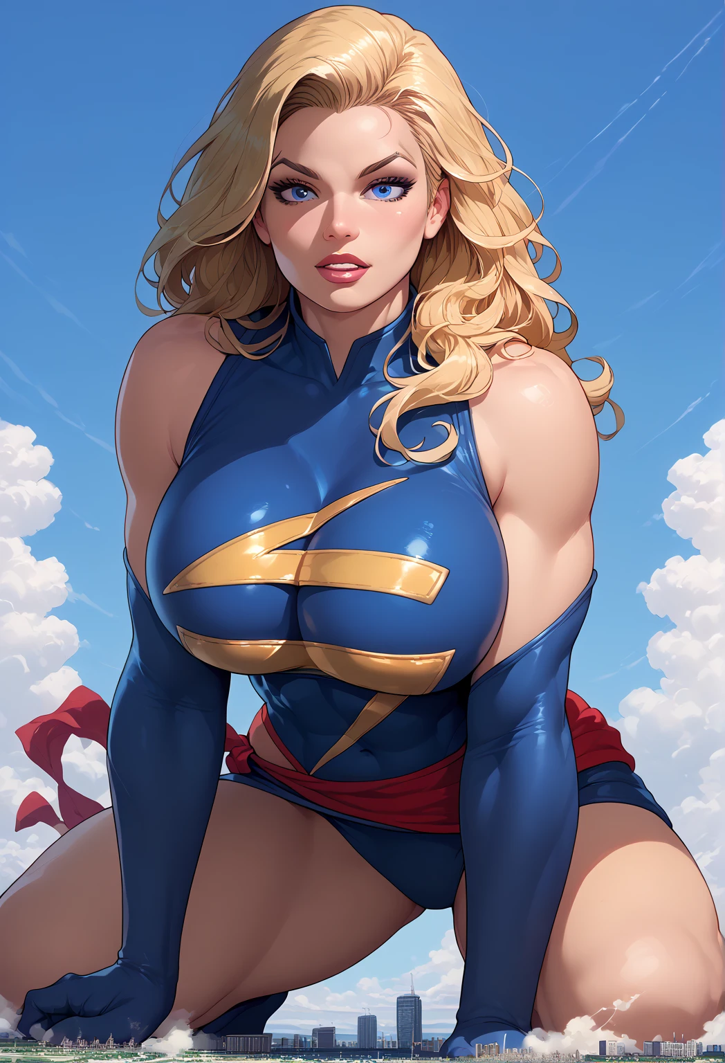 PowerGirl, deep cleavage, big breasts, slying in the air