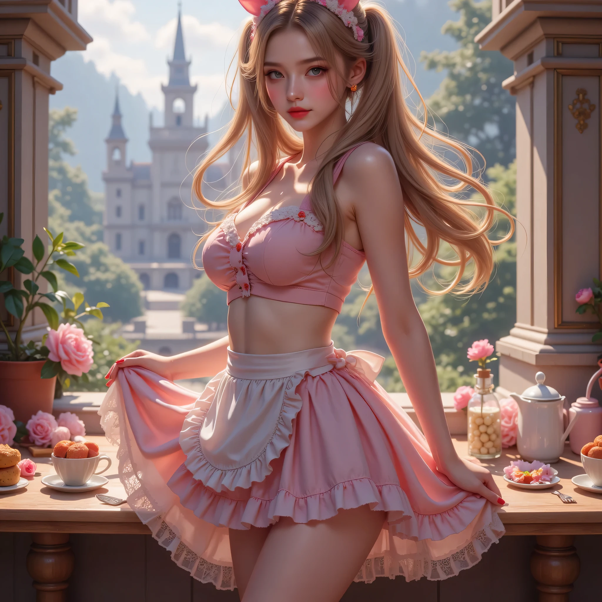 High image quality NUTRA FINECG Unity 8k壁紙、Highest Quality、High image quality NUTRA FINE、masterpiece、real、photo、HIGH QUALITY NUTRA FINEキュートガール、18 years old、((Maid Cafe in an old European castle)、((girl standing in front of a table)、(girl in colorful maid clothes),((Back view))、((ツインテールのカラフルな色の髪の毛)) ((Looking Back))、beautiful背中をベールで隠している、Dynamic Pose、(笑Yan)、 ((ponytail)、(full body angle)、low angle、cheek、red lips、(low angle)bright body shot、sexyポーズ、(One-shoulder tube top:1. 2)、(miniskirt:1. 5)、(Butt and abs:1.skirt that hangs over her hips)、(high heels:1. 5)、(beautifulYan:1.3)、(perfect proportions:1.2)、(long legs:1.2)、(beautiful:1. 3)、(floral panties visible from under her skirt)、(wet hair、wet skin)、sexy、Emoji、(holding a skirt that floats with both hands)、Yan、(Skirt Left)、(long golden gray hair)、 (European castles hazy behind)、(ponytail)、