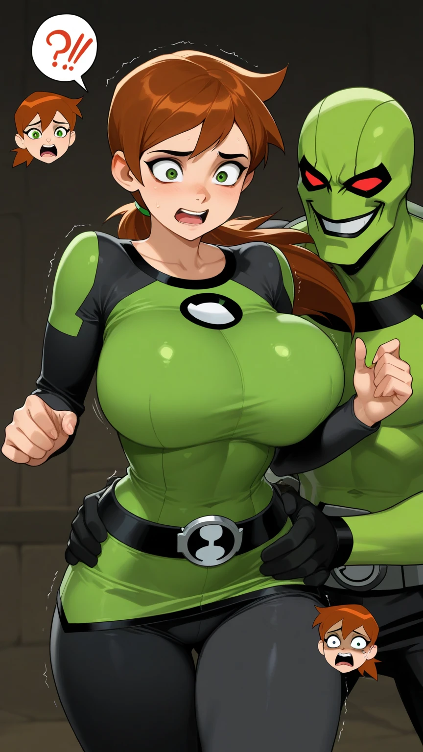 (masterpiece、最high quality:1.4)、(beautiful、perfection、delicate、detailed、complicated、beautiful), mature woman、(masterpiece、high resolution、high quality:1.2,heterosexuality,spread your legs)、(big breasts:1.3,nipples are visible、shiny skin:1.5),(narrow eyes,chest with a strong presence),cinematic lighting、((twin tails、brown hair )、 Moena、1 girl、blush、Sweat、(Helmet)、(((visor\(armor\):1.3)))、heart color、corset、topless、Elle covered in semen Beau Grove、garter strap、thigh boots、tattoo)、Dark caves、Dark prison、Dark Prison、dark dungeon、(anime、エロanime)、((Don&#39;t blur your face))、(cum on breasts)fanny packing、heterosexuality者、penis、sex、vagina、1 boy、testis、large insertion、grab from behind、(Breast Grab:1.4) 、goblin、Green skin、巨大penis、solo focus、blush、raise your arms、pussy、大きなpenis、bound、Armpit、monster、clenching your teeth、bondage、Sweat、Lock、trembling、Drool、Size difference、後ろからのsex、bondage、saliva、At random angles