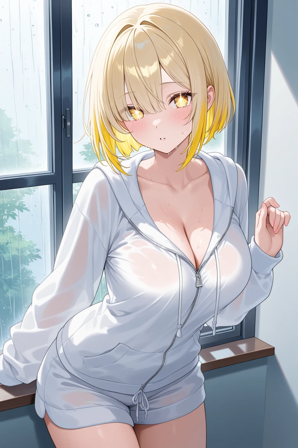 wearing a school outfit,((extremebig tits)),(highest quality、4k、8k、High Resolution、masterpiece:1.2)、Super detailed、(Photorealistic:1.37)、Portrait、Sharp Focus、feminine、delicate、White skin、female curves、Gentle expression、Soft lighting、Bright colors、Artistic atmosphere, shy expression, showing tits, in school, big pointy nipples, close-up on face and tits, waist-up-portrait, short blond curly hair, orange eyes, cute face,