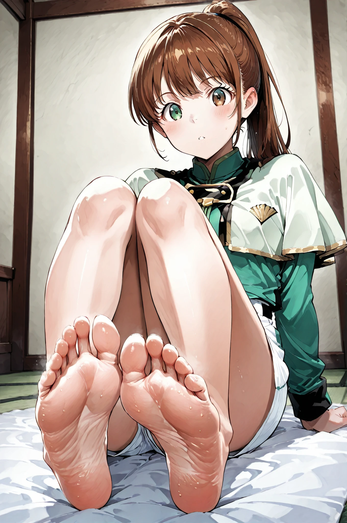 detailed feet,soles,senauniform, green eyes, white shorts green capelet,,brown eyes, long hair, ponytail,senahayami, , 足裏を正面に向ける、柔軟なポーズ、大胆な構図、最高品質、足裏のクローズアップ、足裏の質感、爪先、足指