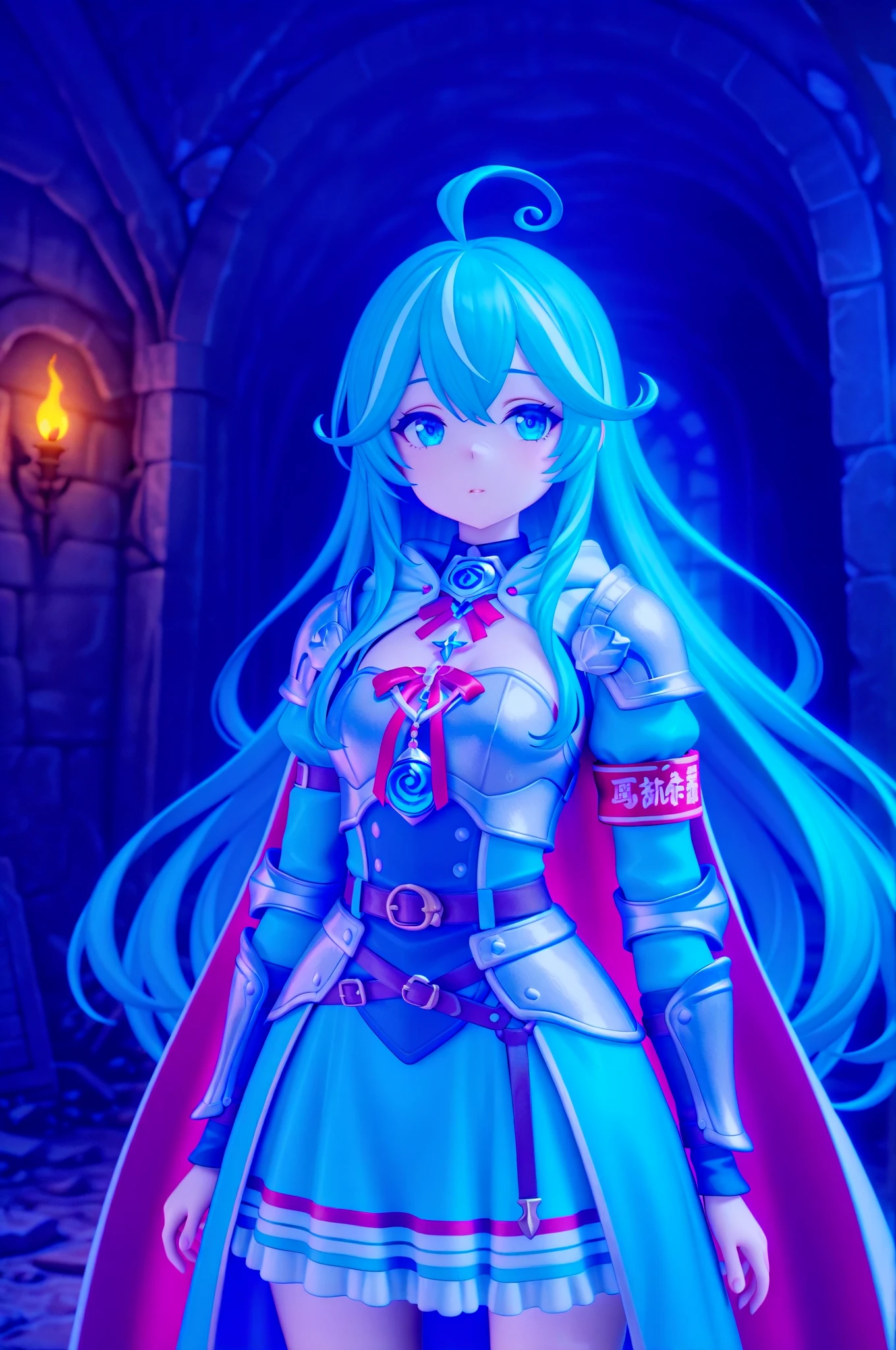 1 magical warrior girl, with red costume with black parts, red eyes, rainbow hair, huge breasts, holding a fire elemental sword, in a dungeon in zelda breath of the wild, looking at the viewer, evil smile, anime, high detail, Realism, Hyperrealism, wide shot, 16k, UHD, masterpiece, high details, best quality, award winning, highres