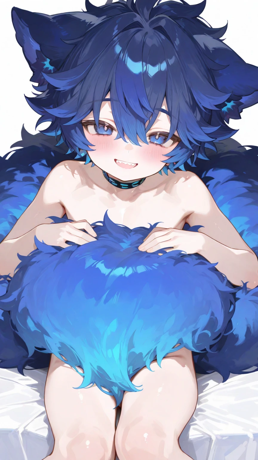 natta, lot of flowers,blue color eyes,deer antlers,facing away,back to look back,ssmile,seen from the front,There are blue butterflies around,blue short hair,There are two long braids on both sides of the hair,blue shabby shawl,only,White cat tail,The eyes are bright,fluffy ears,furry tail,hairy bodies,White hair,Blue meat pad,cat ear,Fluffy,male,lovely boy,schoolboy,Place your hands on your chest
