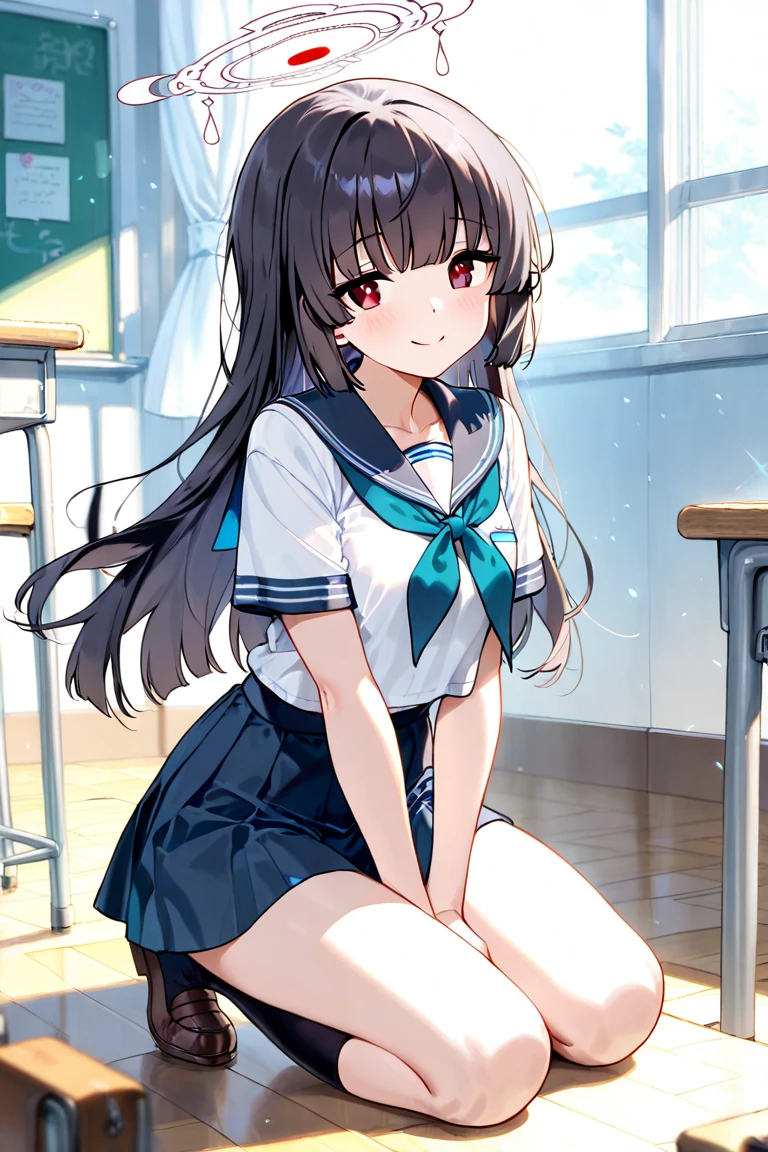 Create an image of a sitting girl, sailor suit, classroom, The image should capture the essence of summer, The girl should be in a typical summer pose, with a high-contrast effect and a subtle glow. The upper part of the screen should have a darker tone, gradually transitioning into a brighter tone towards the bottom.