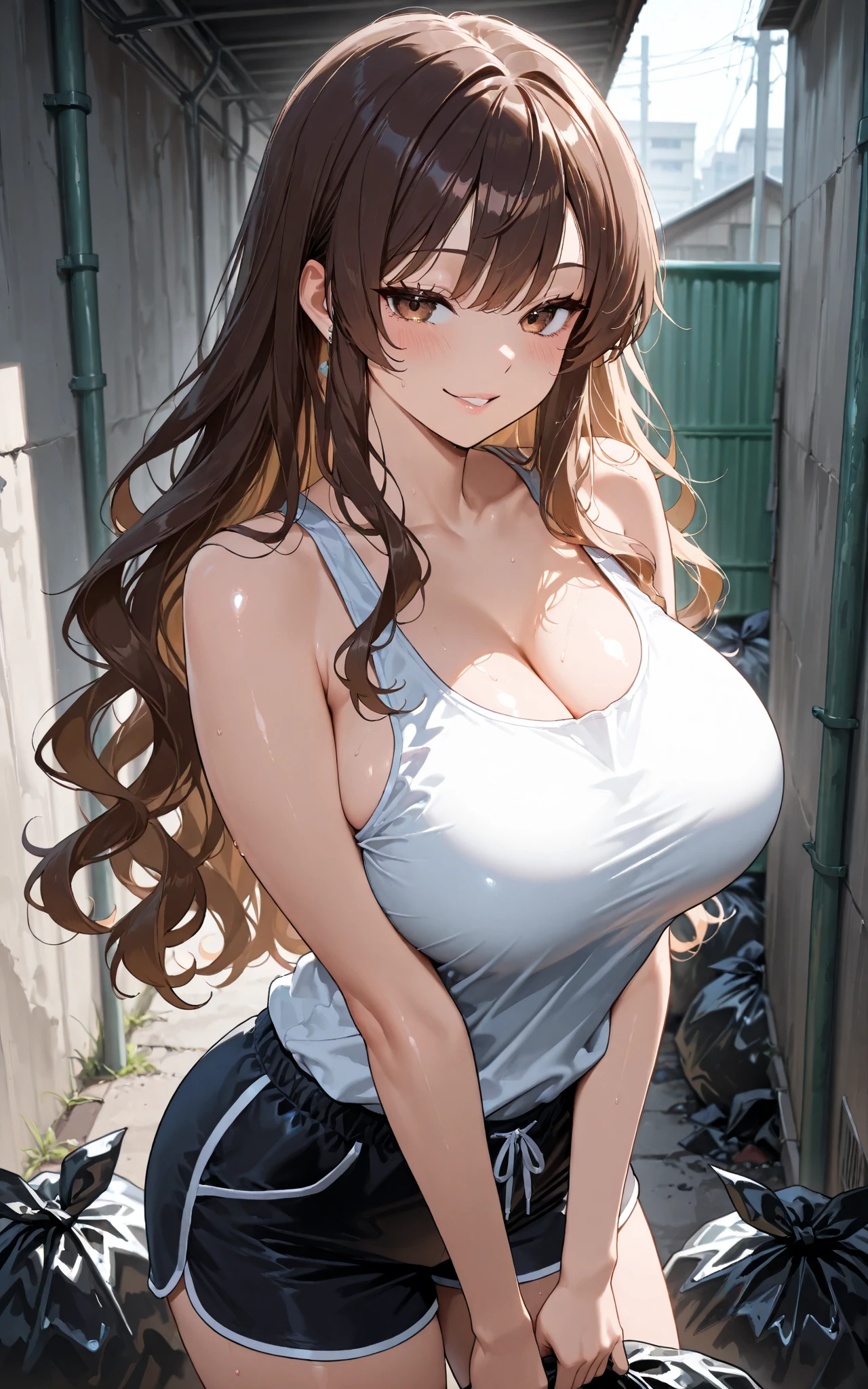Brown Long Hair, white T-shirt, laughing, 20-year-old, Breast feed, touch the breast, 腕を上げる
, city, up
