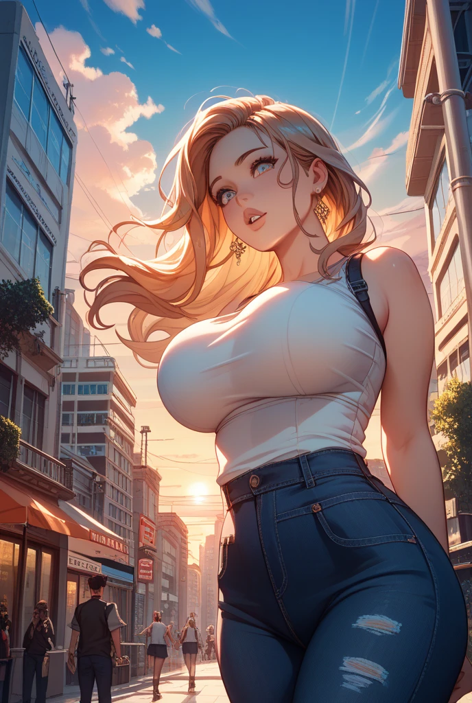 Scenery in the city、Many skyscrapers、(masterpiece:1.4)、(highest quality:1.4)、ultra high resolution、20 year old woman、whole body、Round earrings、blonde bun hair、Scarf、Black sweater、Beige skirt、(huge breasts:1.2)、red face、smile、arms behind body、night、profile、looking up at the sky