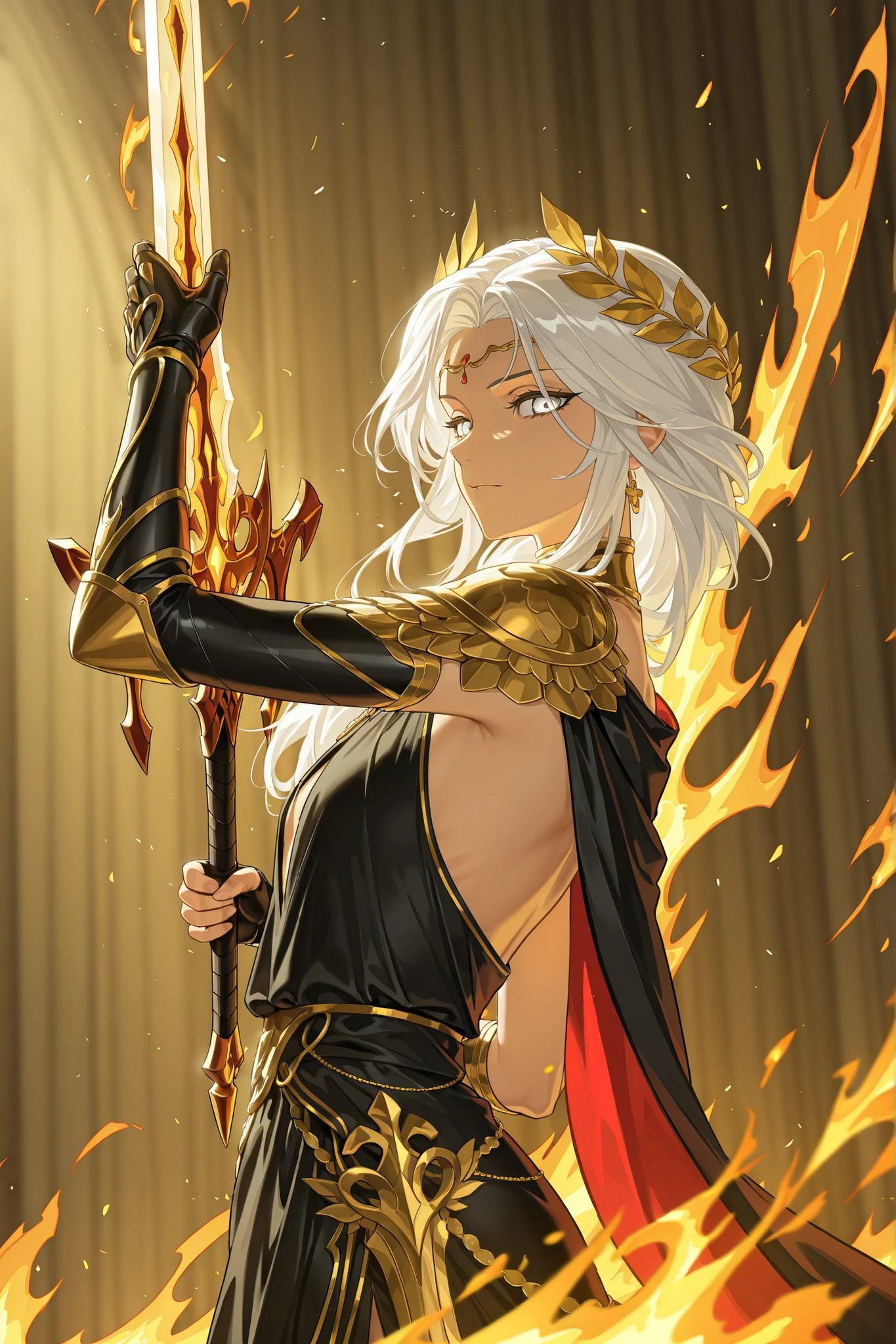(upper body focus, from the side, medium shot:1.22), dynamic pose, three quarter shot, looking at viewer, mature, 1girl, solo, mature, masterpiece, best quality, amazing quality, very aesthetic, high resolution, ultra-detailed, dramatic lighting, absurdres, scenery, golden aura, golden flames, white flames, (Senti, Herrscher of Sentience, FuHua, Fol005, Fh_Hos:0.73), flat chest, white hair, white eyes, gray eyes, silver eyes, carapace, shoulder cape, dark red and black fantasy armor, black dress with golden trim, gold accents, (synthetic armour, nanoweave:1.14), (greco roman dress, greek dress:1.4), wielding greatsword, bloody red scimitar, warrioress, priestess, laurel crown, glowing cape, cosmic weapon, asymmetrical clothes, SSR Gacha character, villainous, ornate clothes, (flame sword summons, cosmic sword:1.3), 