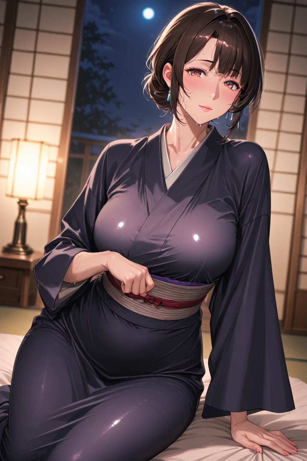HDR, (add_detail:0.5>) Mio same as the original, (masterpiece:1.2, best quality), (finely detailed beautiful eyes:1.2), showing pussy, (extremely detailed CG unity 8k wallpaper, ultra-detailed), nude, ((pussy:1.2)), 1girl, (shirt lift), undressing, thighs, ((dogge style)), looking at viewer, side braid, no panties, perfect anatomy, large breasts, hairband, japanese clothes, purple kimono, black gloves, hair bow, spider web print, sash, obi, hair ribbon,  High contrast, (best illumination, an extremely delicate and beautiful), (simple backround), beautiful detailed glow, (beautiful detailed face, beautiful detailed eyes), lying, spread ass