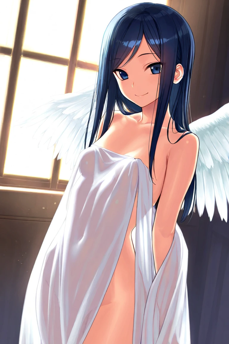 1girl, cute, angel, tight, (armpit), panties, clouds, midriff, long hair, nude breasts, (complex background)