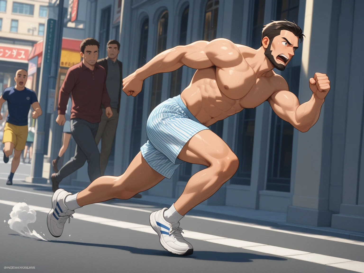 cartoon，Handsome face，Naked figure，Black pants，Perfect body，Men wearing only，Front view，Full body shot，High Detail，run，high quality，masterpiece，HD