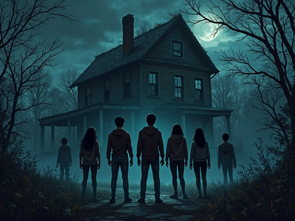"A group standing near a jungle or an old haunted mansion with expressions of fear."