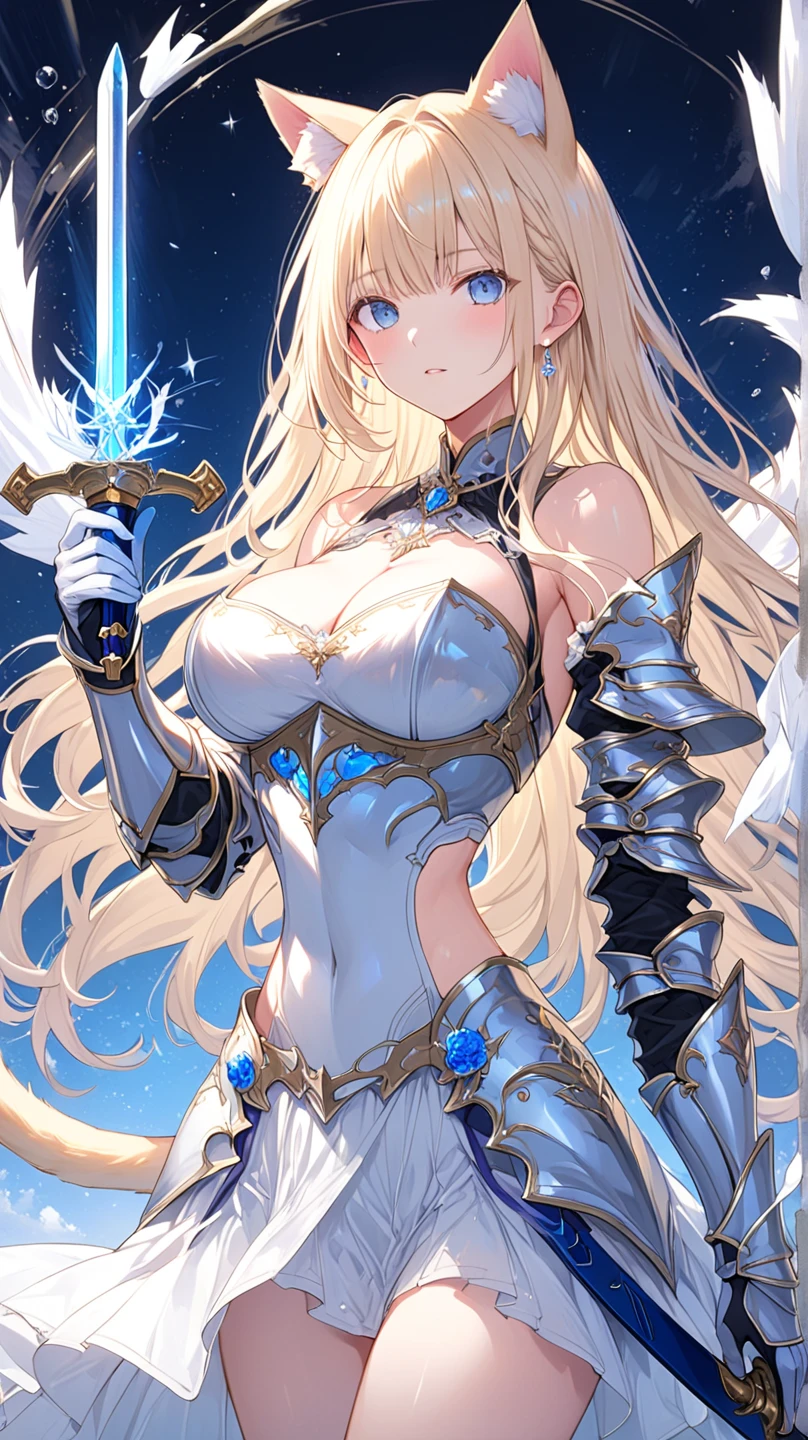 (High quality, High resolution, Fine details), (crystal armor), (shimmering crystal), ornate armor, elaborate details, (luminous crystal reflections), hauntingly beautiful, mysterious background, divine light, vivid coloretallic shine), otherworldly, magical energy emanating, glowing runes, solo, curvy women, blond hair, sparkling eyes, (Detailed eyes:1.2), smile, blush, Sweat, Oily skin, shallow depth of field
