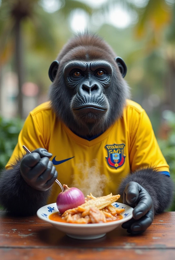 Photo of Harambe with road sign that says "sweet potato fries"