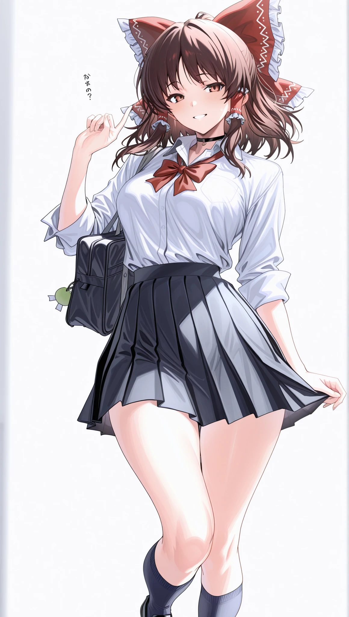 (white background:1.2), (best quality:1.3), (masterpiece:1.3), (full body:1.2), (solo:1.0), (a 17yo girl:1.0), (long skirt:1.3), (dark blue skirt:1.2), (pleated skirt:1.0), (school uniform beige blazer:1.3), (red necktie:0.9), (black socks:1.0), (loafers:1.0), (tall:1.2), (slender:1.1), (small breasts:1.1), (detailed beautiful eyes:1.0), (detailed beautiful face:1.0), (glowing black eyes:1.0), (long hair:1.0), (strait hair:1.0), (brown hair:1.0), (one's skirt lift:1.5), (floral pattern printed panties:1.2), (cotton panties:1.5)