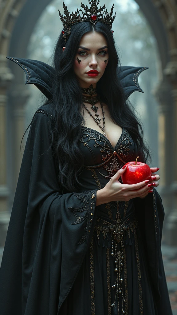 girl,Black long hair,Black Queen,Accessories,Apple in hand,Poison apples,Witch Queen,Red lipstick