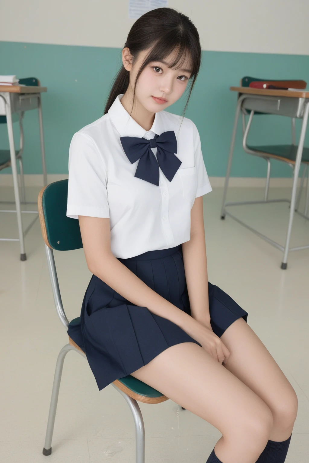 Photo Real、photoRealstic A dark-haired、Straight hair、shorth hair、Very short hair with round face、drooing eyes、Smile with narrowed eyelids、Open your mouth and laugh、Narrow-eyed、no-makeup、Suppin hi-school girl、sixteen years old、skinny body、muscular body、Soft thighs、large full breasts、vaginal、clit、japanes、full body Esbian、doubles 校服、White shirt、Navy blue ribbon、Navy blue skirt、Very short skirt、Loosening ribbon Pose with bold legs open、Unique Pose、Vibrant poses、free pose、Show off your crotch、Have fun、Very smiling Background with、Classroom、window、School Desk、School Chairs、chalk board