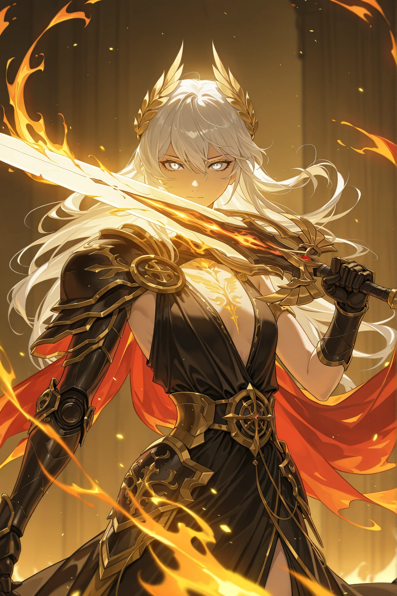 (upper body focus, medium shot:1.22), dynamic pose, three quarter shot, looking at viewer, mature, 1girl, solo, mature, masterpiece, best quality, amazing quality, very aesthetic, high resolution, ultra-detailed, dramatic lighting, absurdres, scenery, golden aura, golden flames, white flames, (Senti, Herrscher of Sentience, FuHua, Fol005, Fh_Hos:0.73), flat chest, white hair, white eyes, gray eyes, silver eyes, carapace, shoulder cape, dark red and black fantasy armor, black dress with golden trim, gold accents, (synthetic armour, nanoweave:1.14), (greco roman dress, greek dress:1.4), wielding greatsword, bloody red scimitar, warrioress, priestess, laurel crown, glowing cape, cosmic weapon, asymmetrical clothes, SSR Gacha character, villainous, ornate clothes, (flame sword summons, cosmic sword:1.3), 