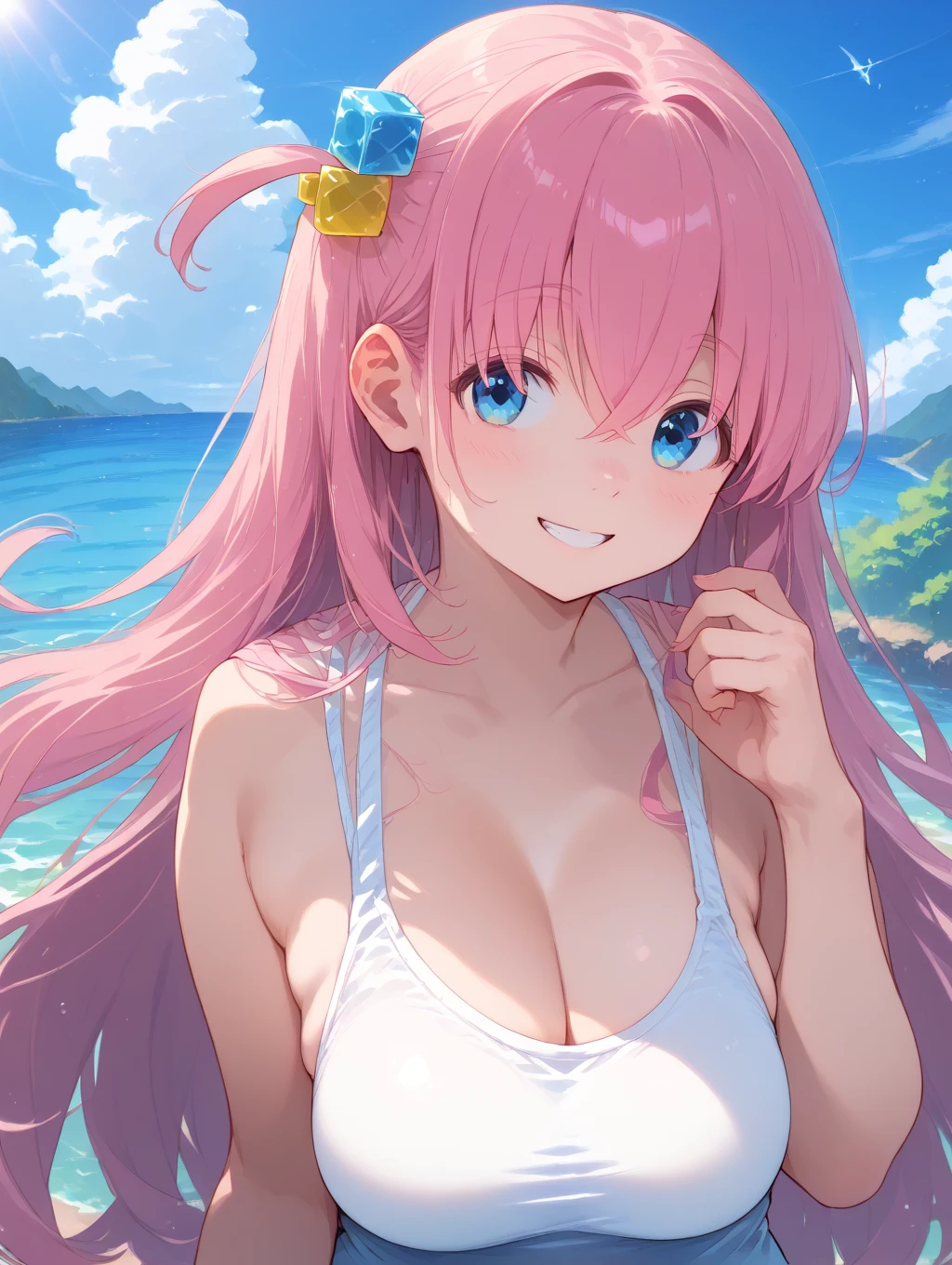 obra maestra, mejor calidad, Still film, 1人の女の子, Cloud Girl, flotando en el cielo, primer plano, brillante, feliz, soft warm lighting, puesta de sol (chispas: 0,7), grandes tetas, playa, Tanga roja, hermosa sonrisa, bikini, Tetas enormes, big nipples, saludando, mar, hermosa, princess peach, nami one piece