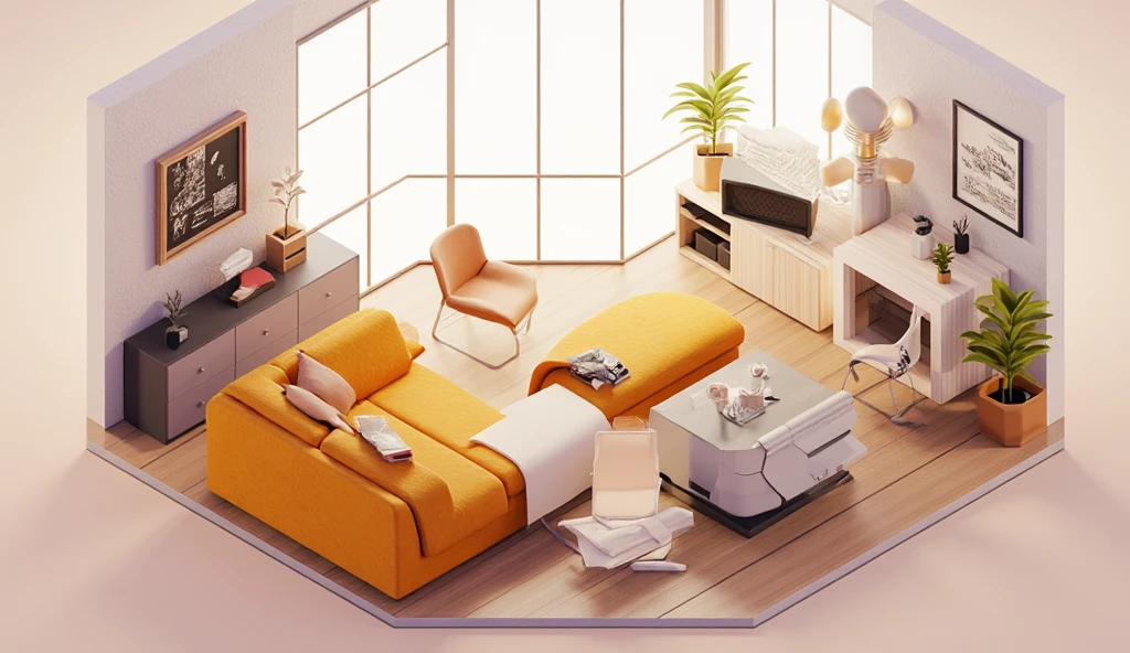Interior design in isometric, living room, soft colors, yellow sofa