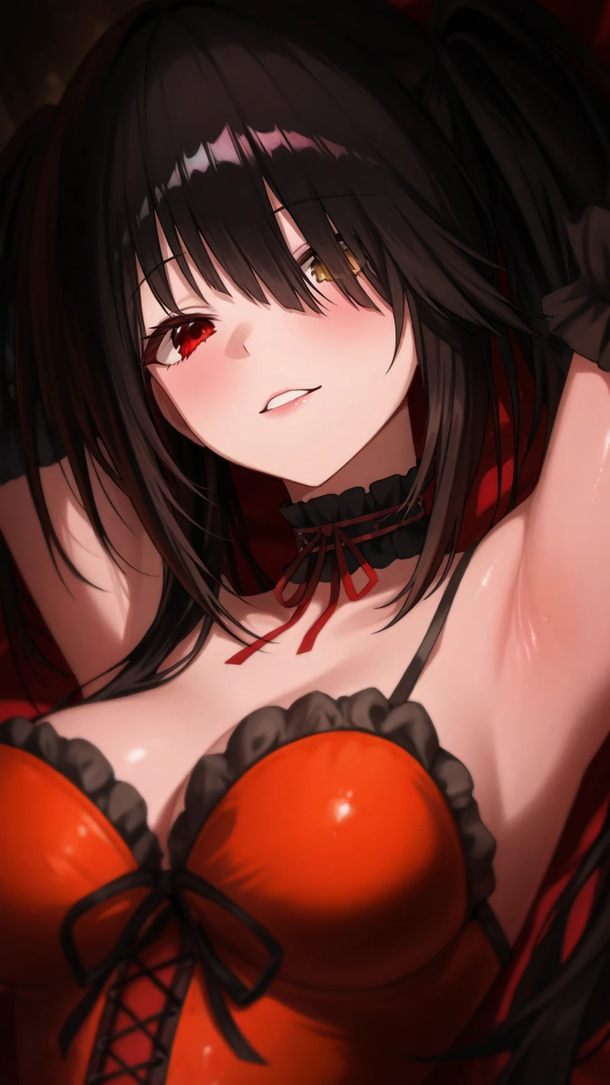 masterpiece, zoom out, score_9, score_8_up, score_7_up, portrait, 1 girl, alone, black hair, long hair, long split bangs, red eyes, black sclera, small smile), evil, parted lips, expressionless, big breasts, top , Basic dress with straps and V-neckline, black bottom, best quality, long split bangs.